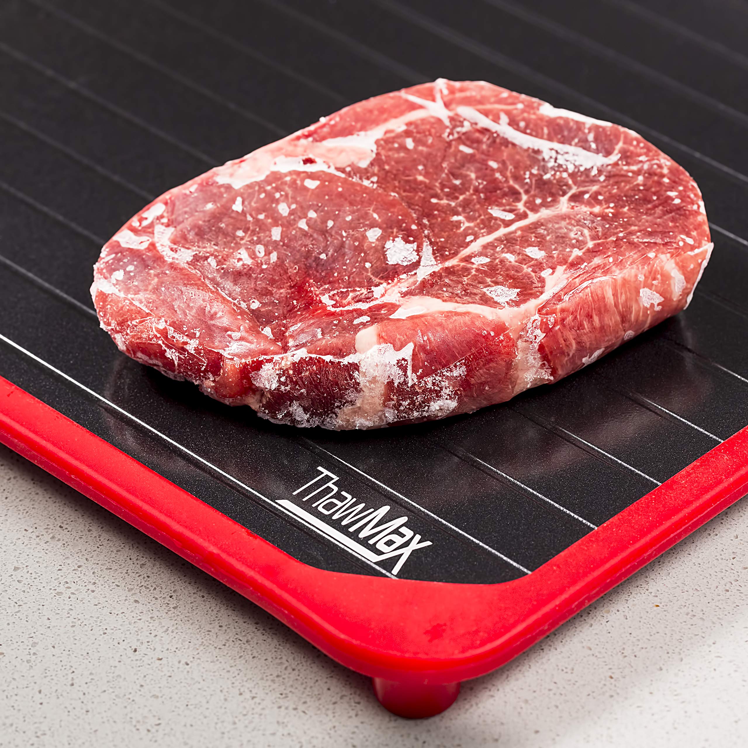 ThawMax Rapid Defrosting Tray - Aluminum, 11.6"x8.1", Red, Silicone Border, Thaw Frozen Meat Fast Without Microwave