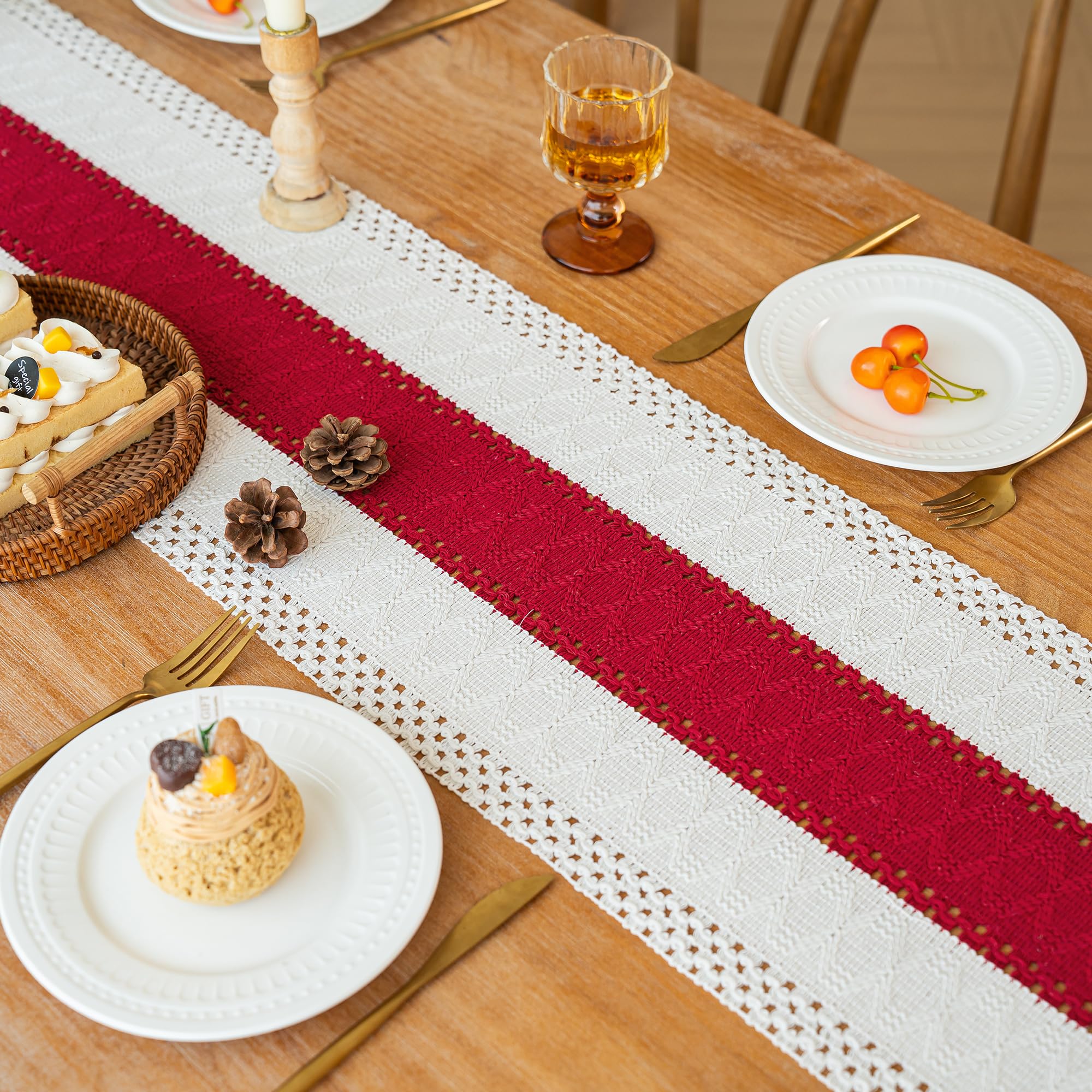 FEXIA Christmas Table Runner for Home Decor with Tassels 72 Inches Long Farmhouse Red Rustic Boho Table Runner Macrame Burlap Ta
