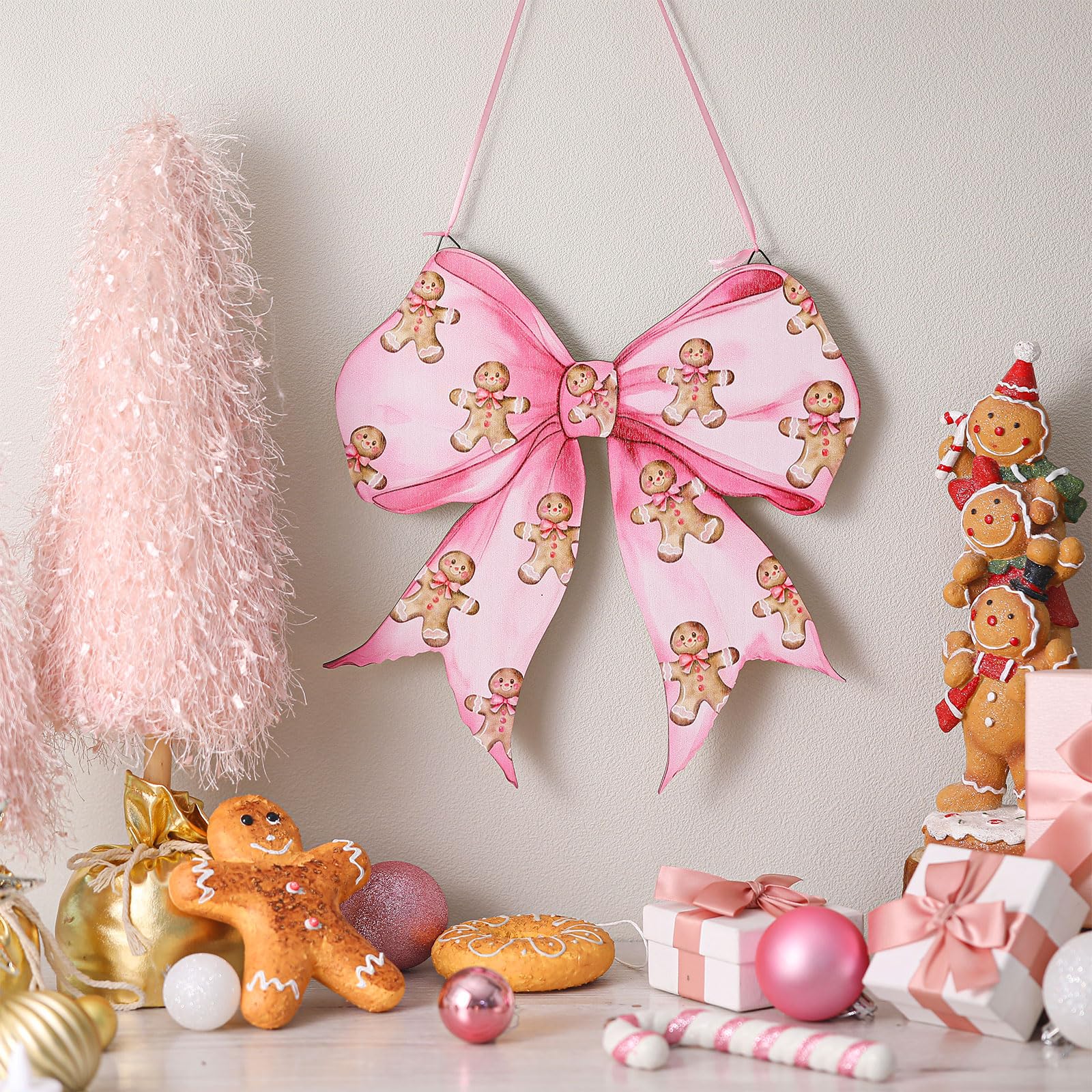RattanView Pink Christmas Gingerbread Man Coquette Bows Wooden Hanging Sign Cute Preppy Aesthetic Wall Art Bowknot Welcome Door