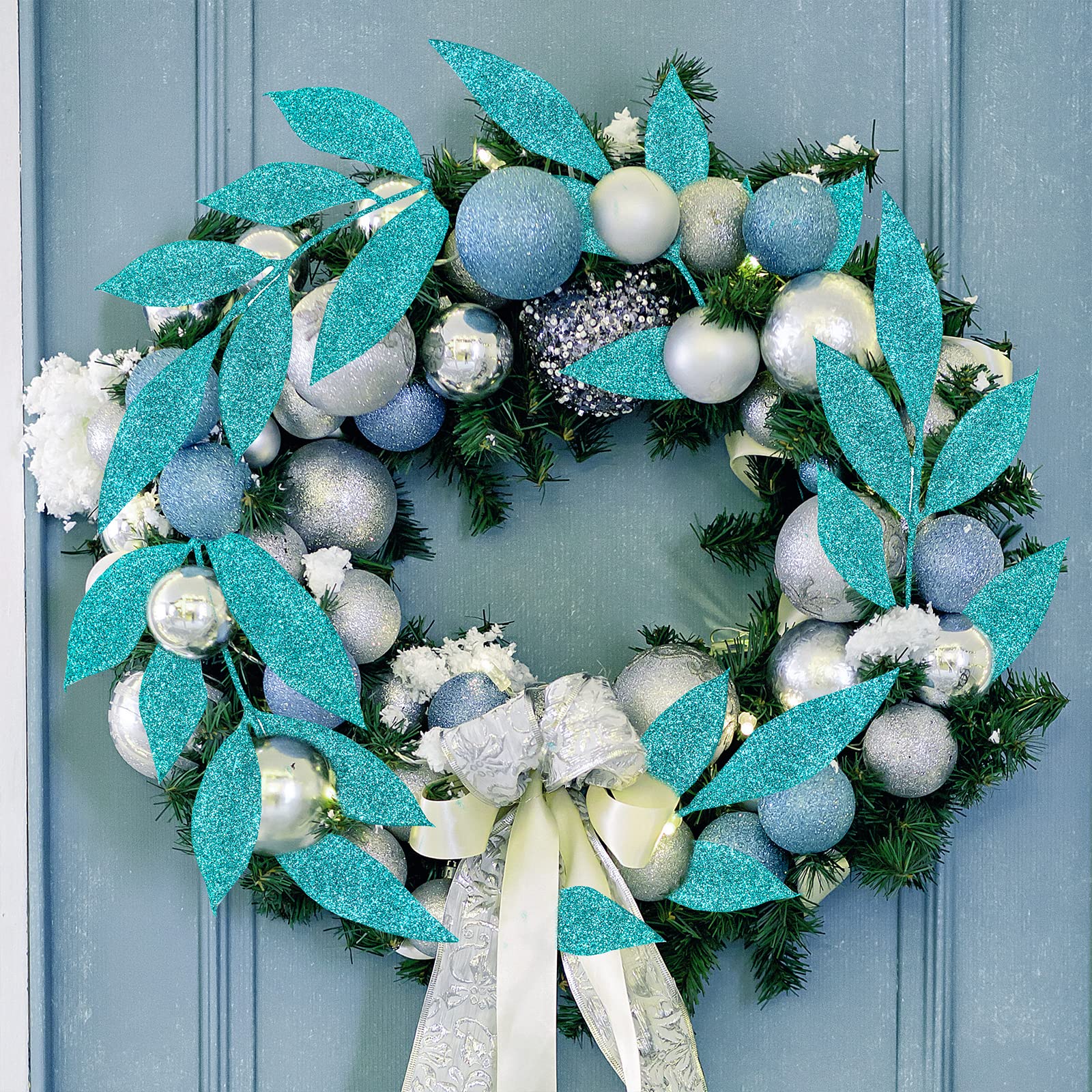 Winlyn 40 Pcs Teal Glitter Bay Leaf Sprays Artificial Christmas Tree Picks Sprays 12.7 Tall for Teal Christmas Tree Winter Wreat