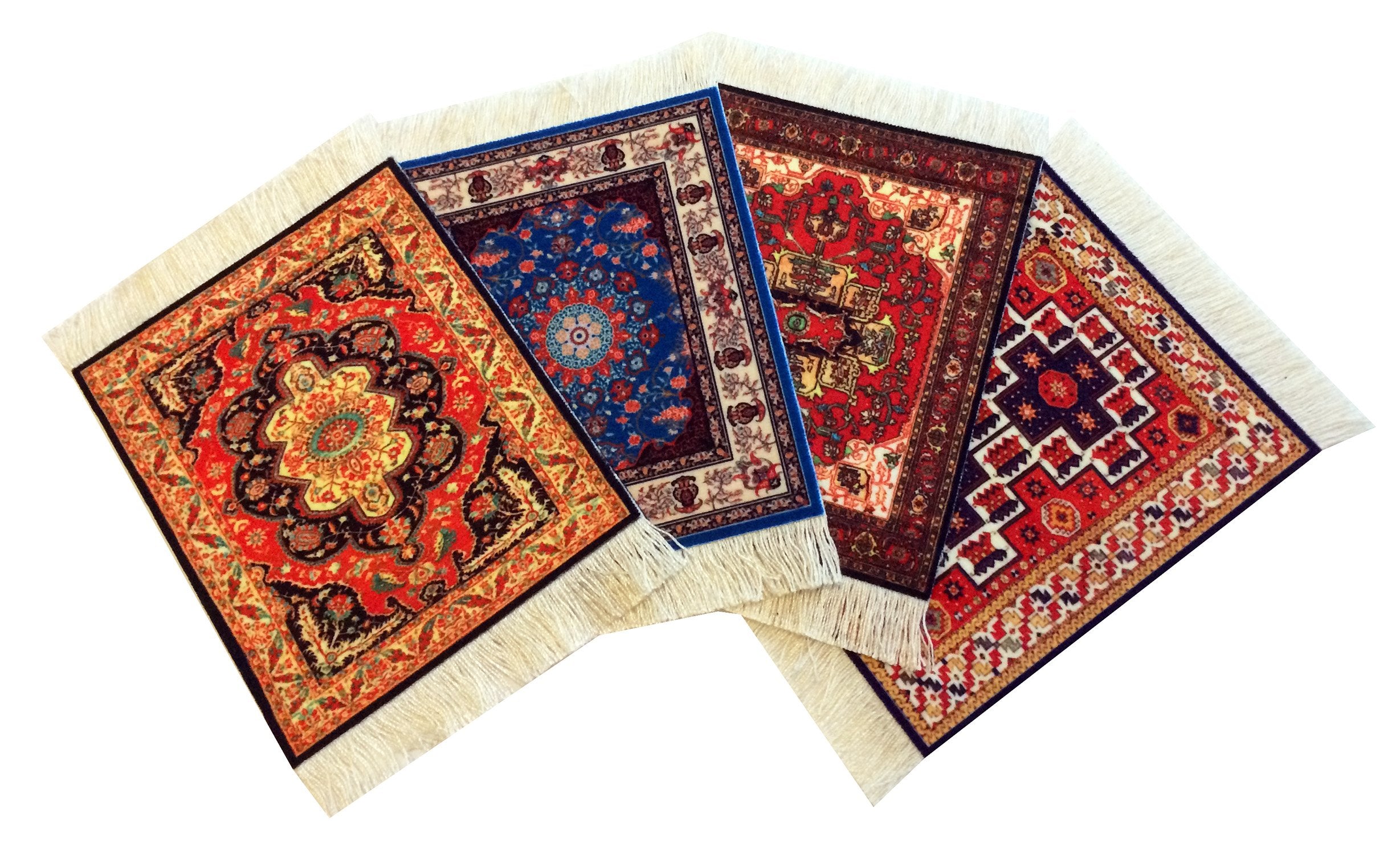 Set of 4 Rug Table Coasters - Oriental Design Fabric Carpet Drink Mats Absorbent Kitchen and Dining Accessories, Spill & Drip Pr