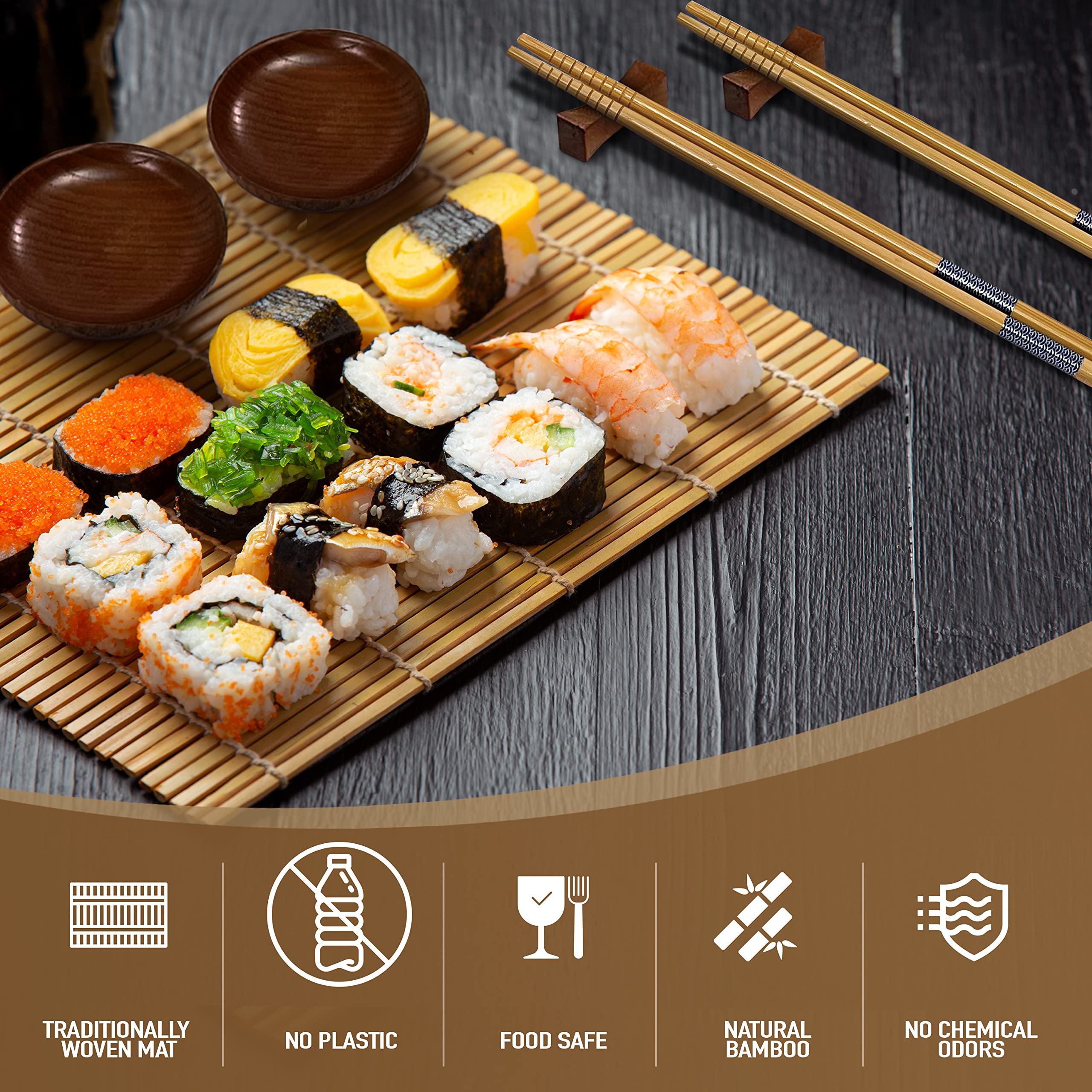 UR Happy Place Sushi Making Kit – 15-Piece Set with Bamboo Mat & Oak Maki Press, Large, Engraved Cherry Blossom Plate