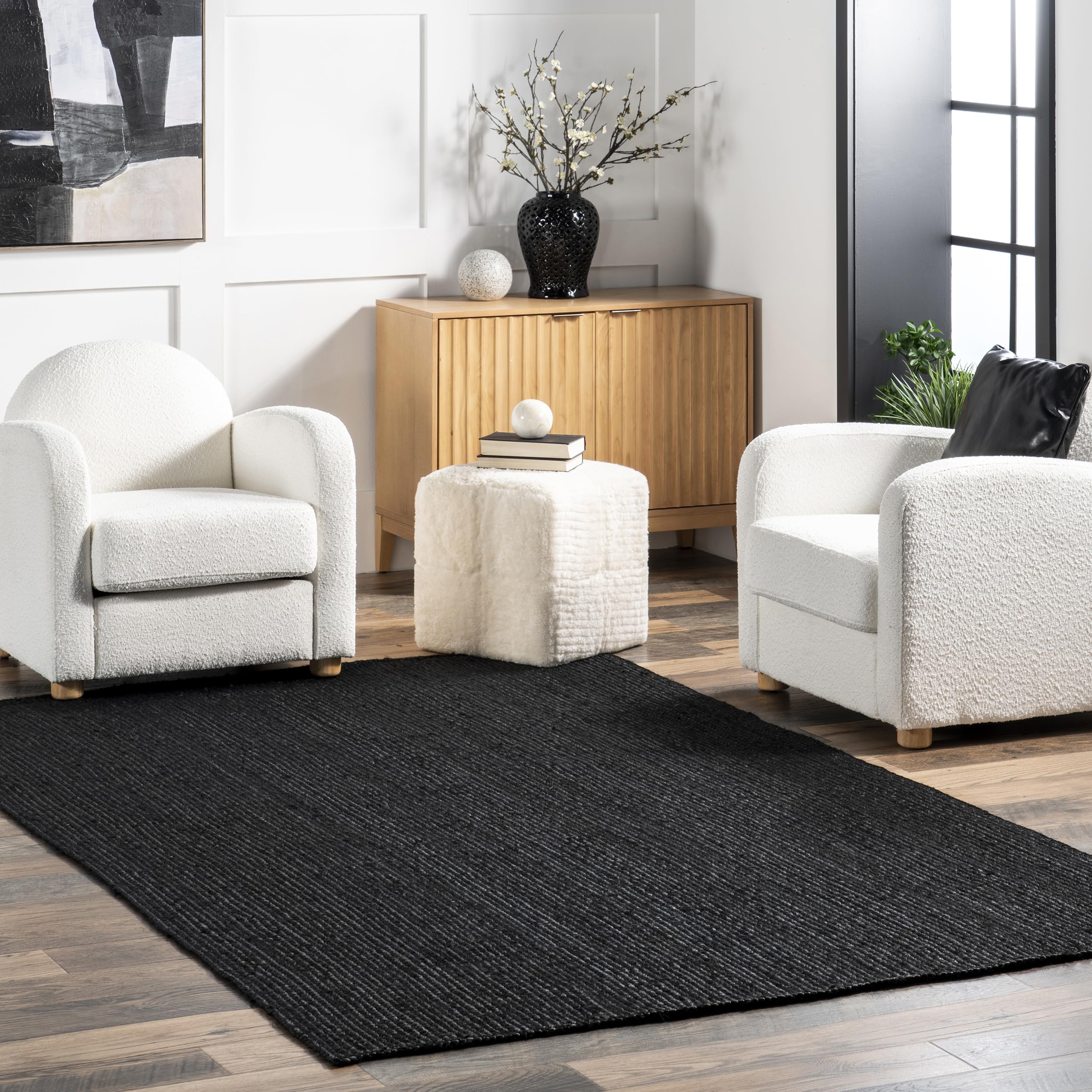 nuLOOM 3x5 Rigo Jute Hand Woven Area Rug, Black, Solid Farmhouse Design, Natural Fiber, For Bedroom, Living Room, Dining Room, H