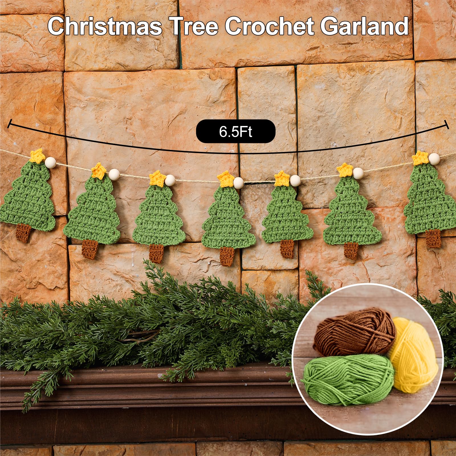 Tudomro Crochet Christmas Tree Garland 6.56 ft Rustic Handmade Xmas Banner Christmas Tree Wooden Beads Farmhouse Hanging Decor f