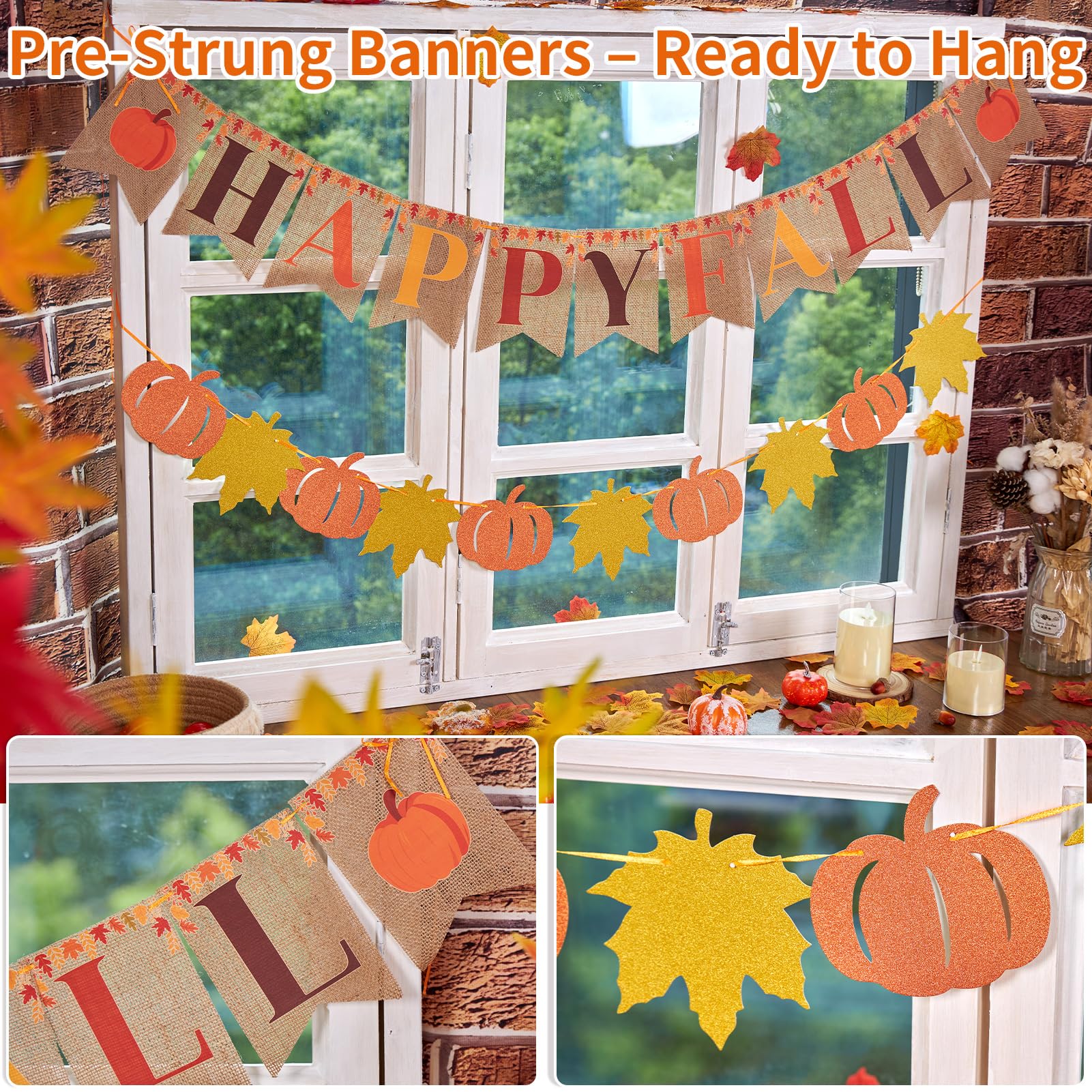 Homarkable Pre-Strung Happy Fall Burlap Banner, Pumpkin Banner, and 100 Pcs Maple Leaf Confetti for Autumn Fall Thanksgiving Hom