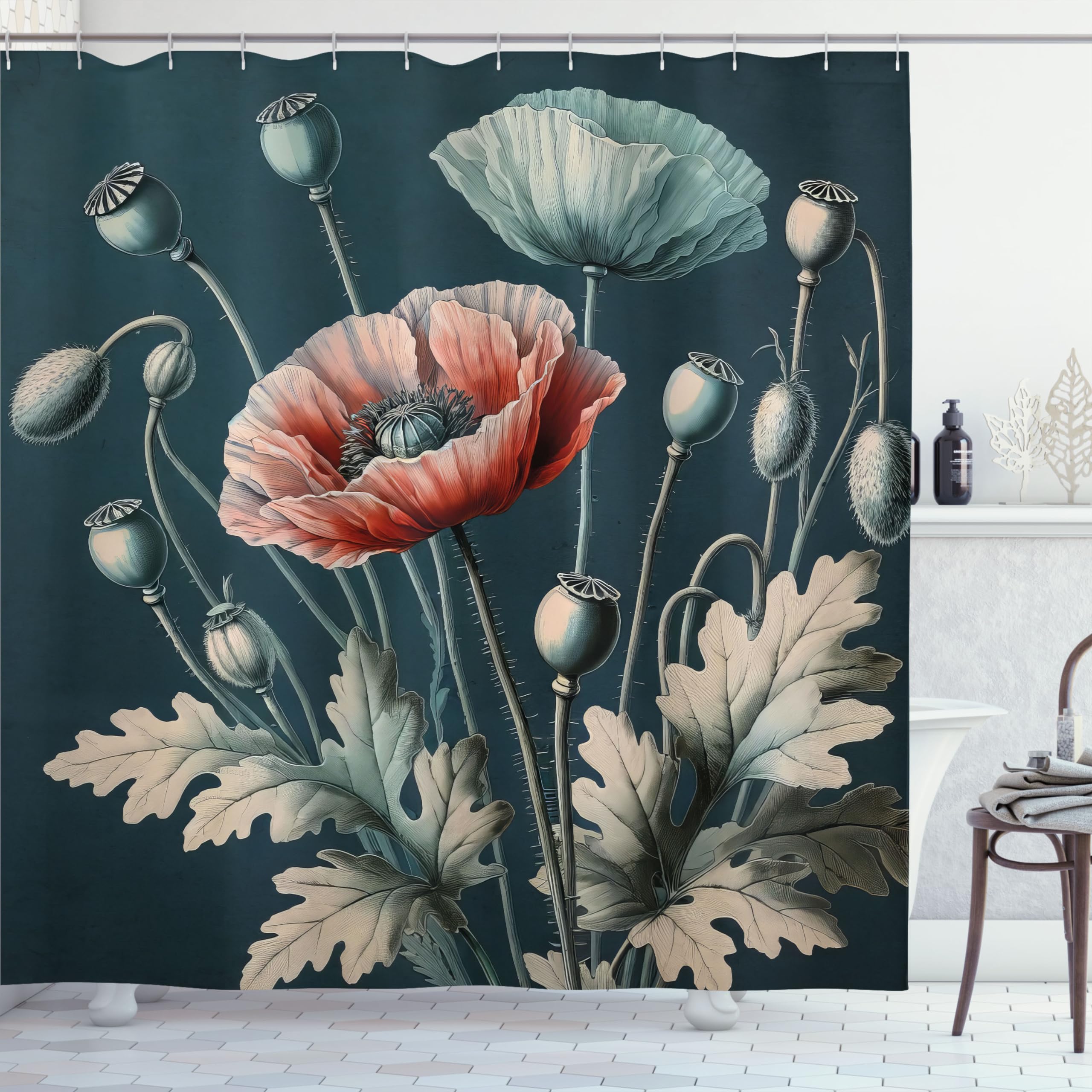 Ambesonne Vintage Shower Curtain, Jungle Greenery Leaves Detail Blooming Poppy Flowers With Nostalgia Tones, Cloth Fabric Bathro