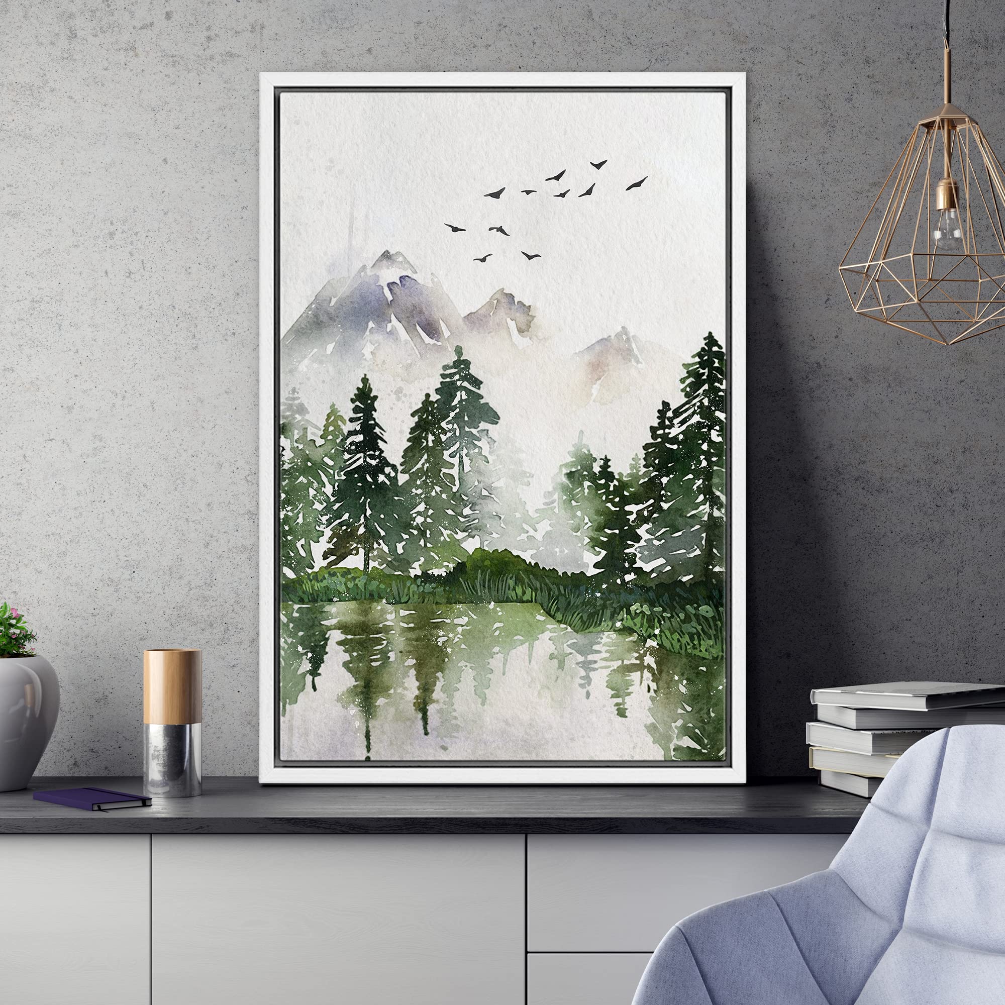 Signwin Framed Canvas Print Wall Art Woodland Nursery Decor Pastel Watercolor Misty Mountain Forest Nature Modern Art Decorative