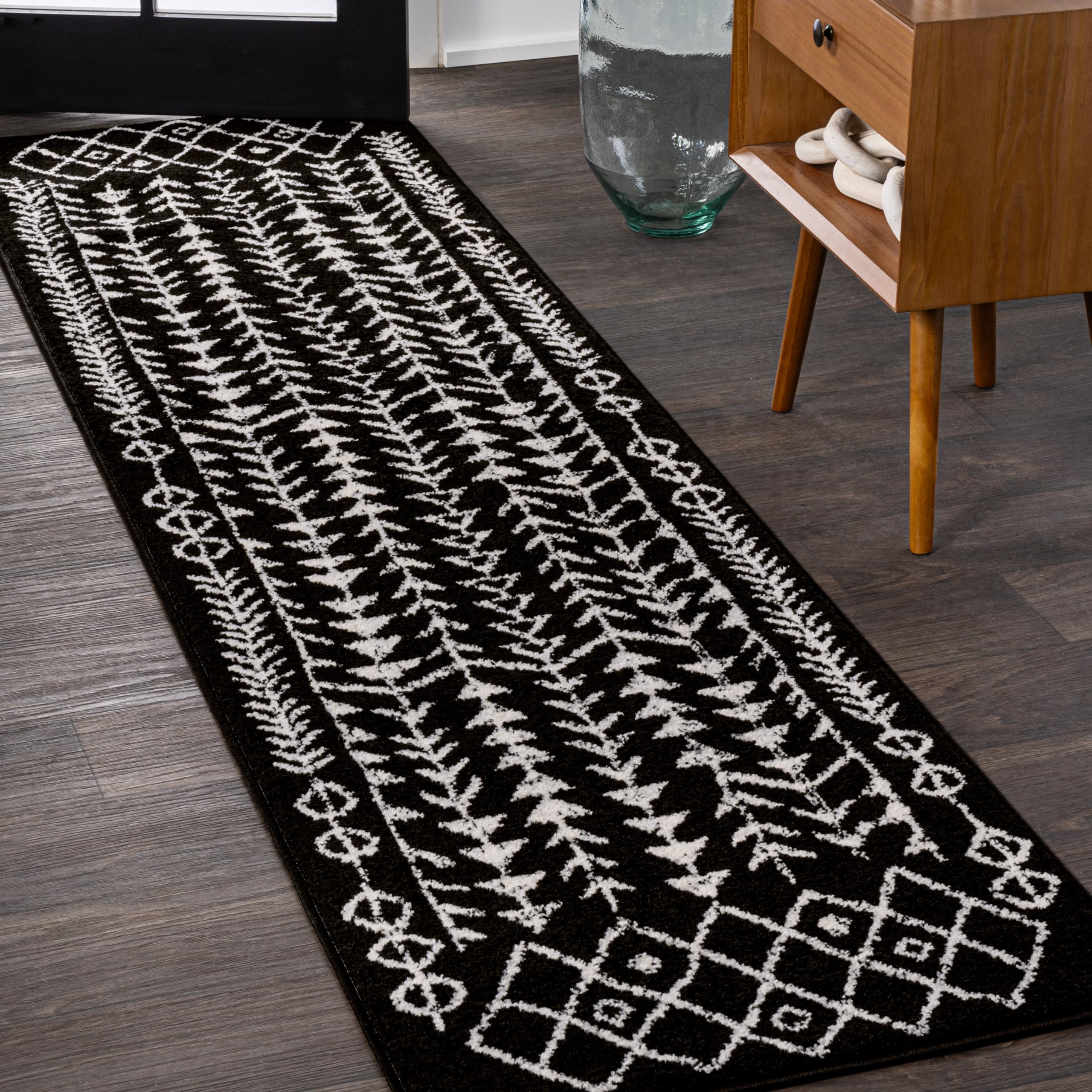 JONATHAN Y MOH210C-28 Ziri Moroccan Geometric Black/Cream 2 ft. x 8 ft. Runner Rug, Bohemian, Scandinavian, Minimalistic for Hom