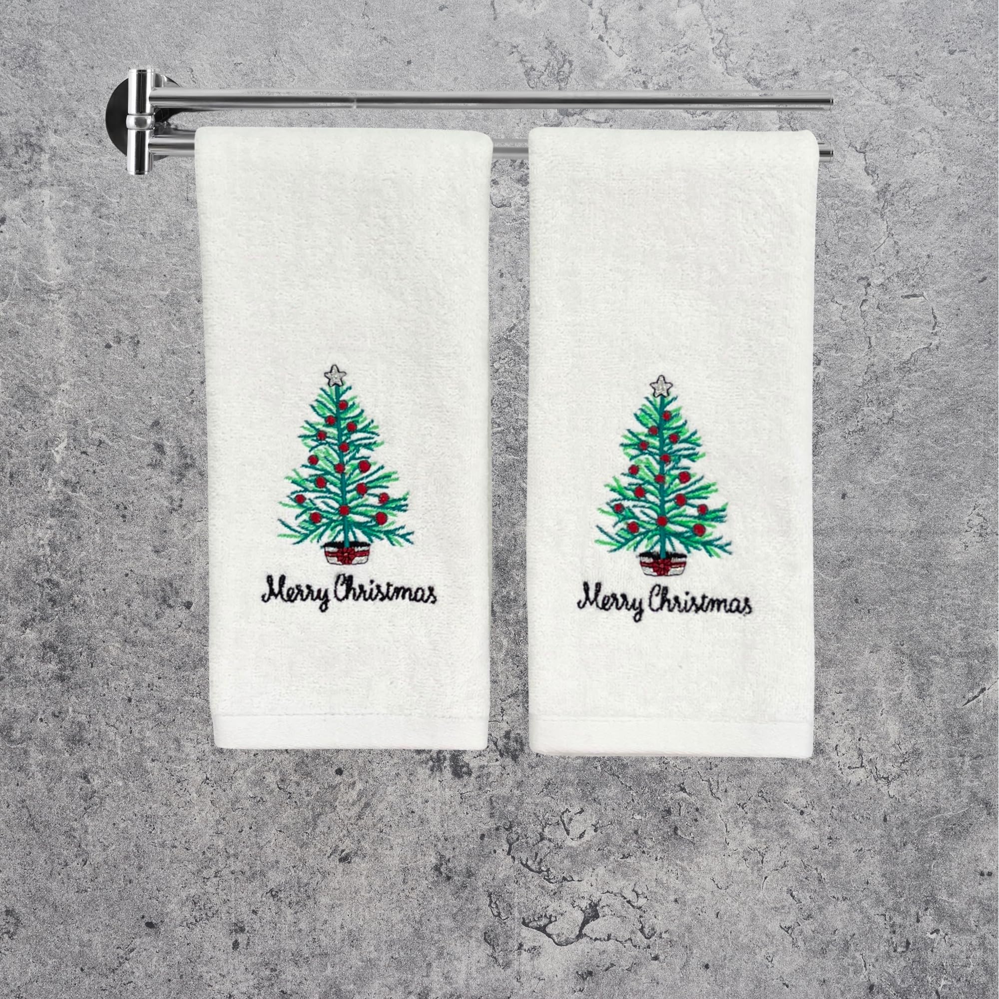 Luxury Winter Holiday Christmas Bath Kitchen Hand Towel Set: Decorated White Rustic Christmas Tree, Merry Christmas Motif, Velou