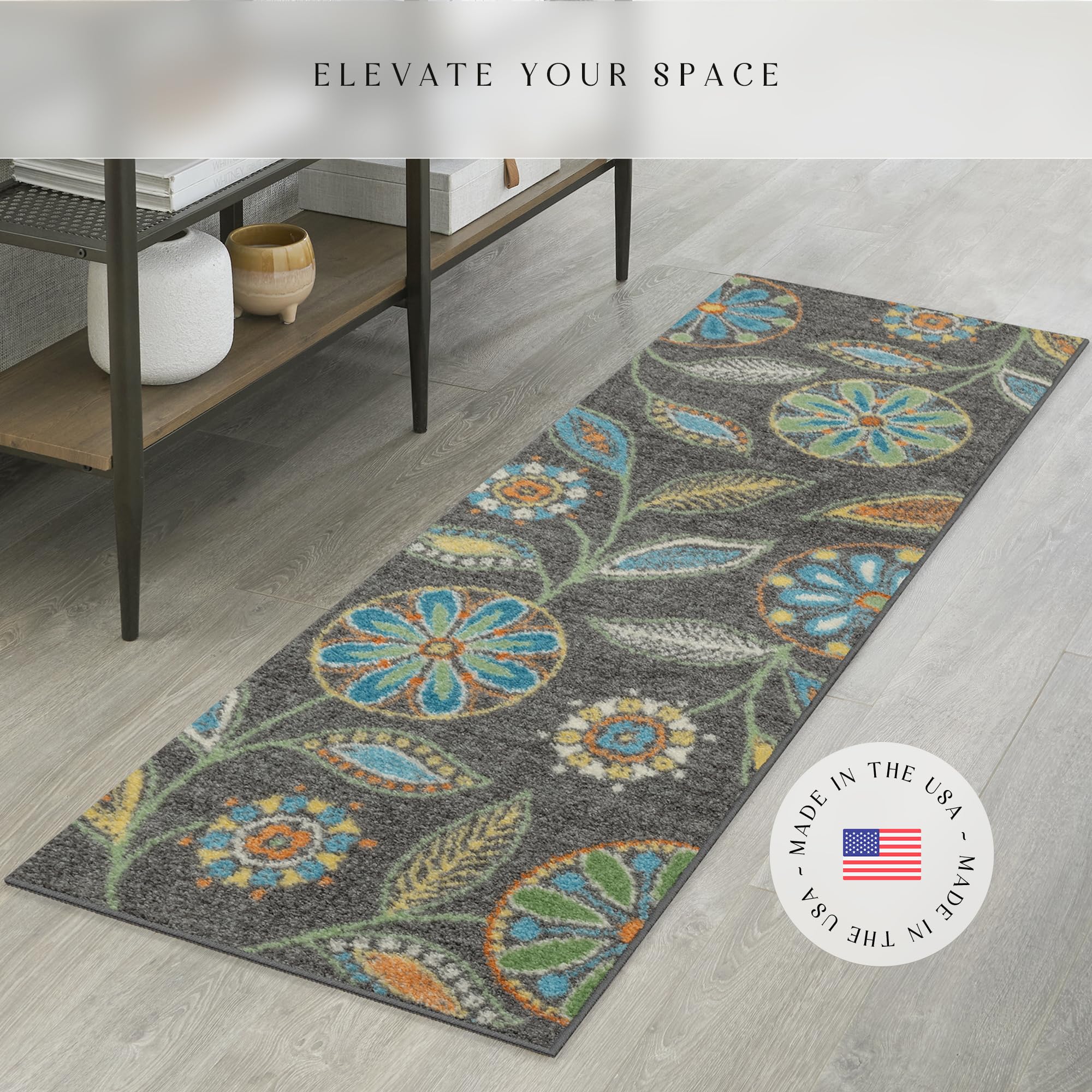 Maples Rugs Reggie Floral Runner Rug - Made in USA - Washable, Non Slip Indoor Carpet for Kitchen, Hallway, and Laundry Room, 1