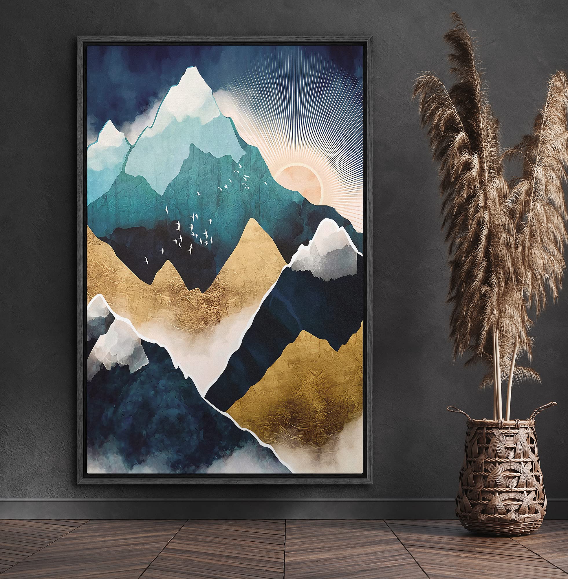 Signford Framed Canvas Print Wall Art Teal & Gold Mountains In The Clouds Abstract Wilderness Illustrations Modern Art Contempor