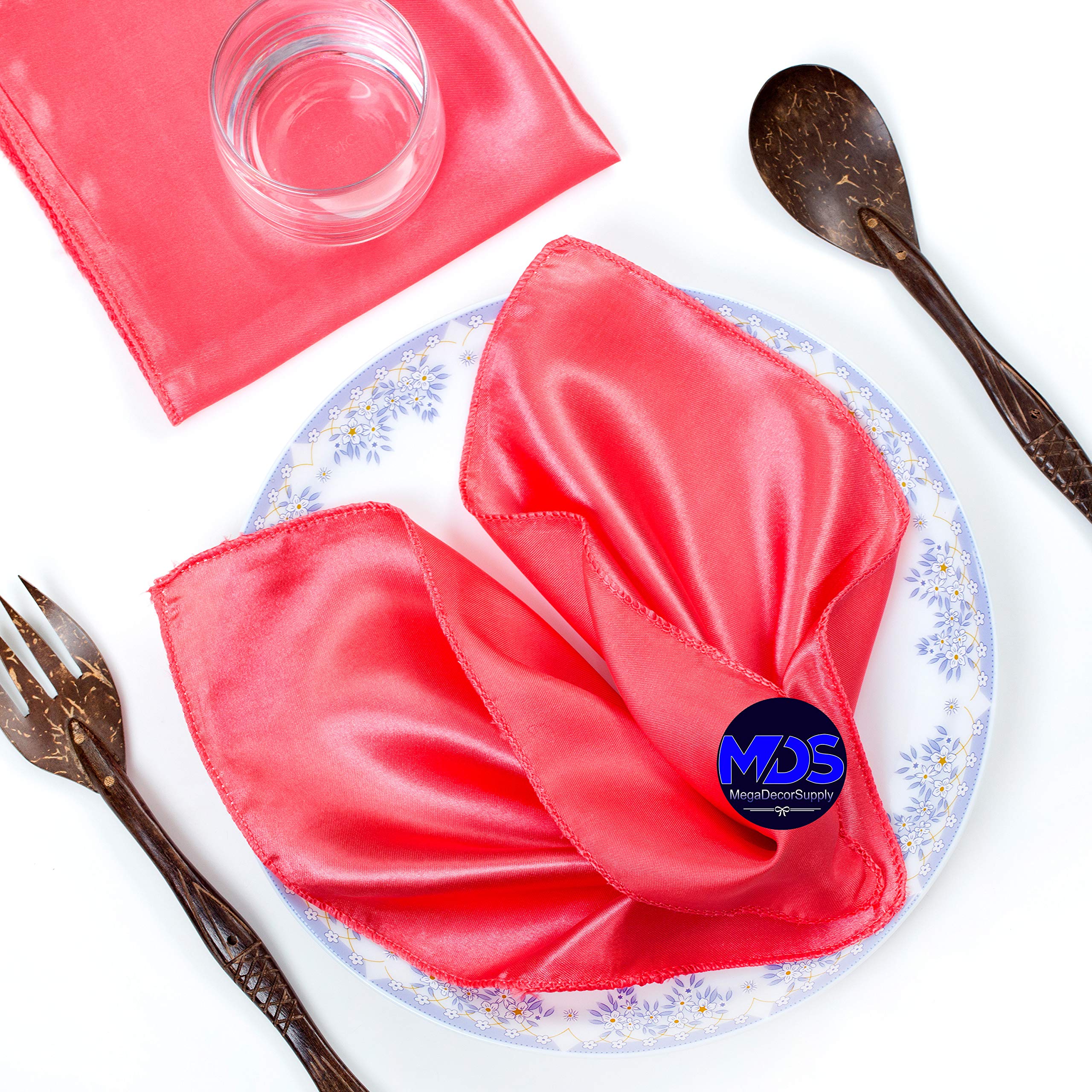 Mds Pack Of 100 Wedding Satin 12''X 12'' Square Dinner Napkin Or Handkerchief For Wedding Banquet Decoration - Coral