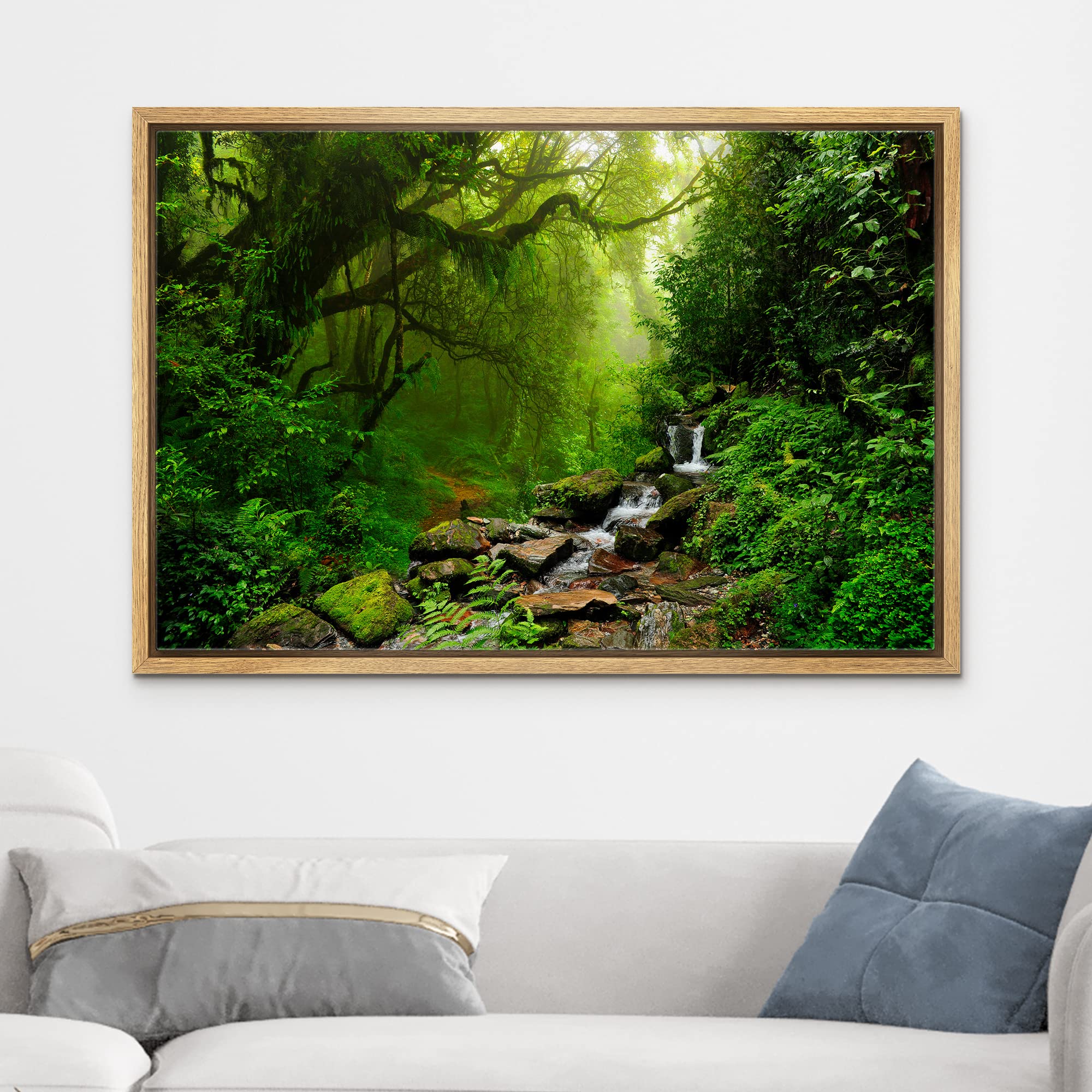 wall26 Framed Canvas Print Wall Art Nepal Green Forest & Waterfall Nature Wilderness Photography Modern Art Rustic Scenic Colorful for Living Room  Bedroom  Office - 16''x24'' Natural