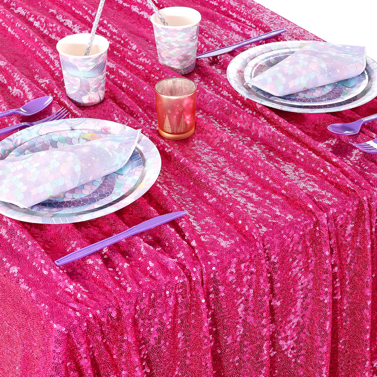 Queendream Tablecloth Hot Pink Birthday Decorations: 90X90 Inch Sequin Tablecloth Drapes Glitter Fabric Wedding Party Table Over