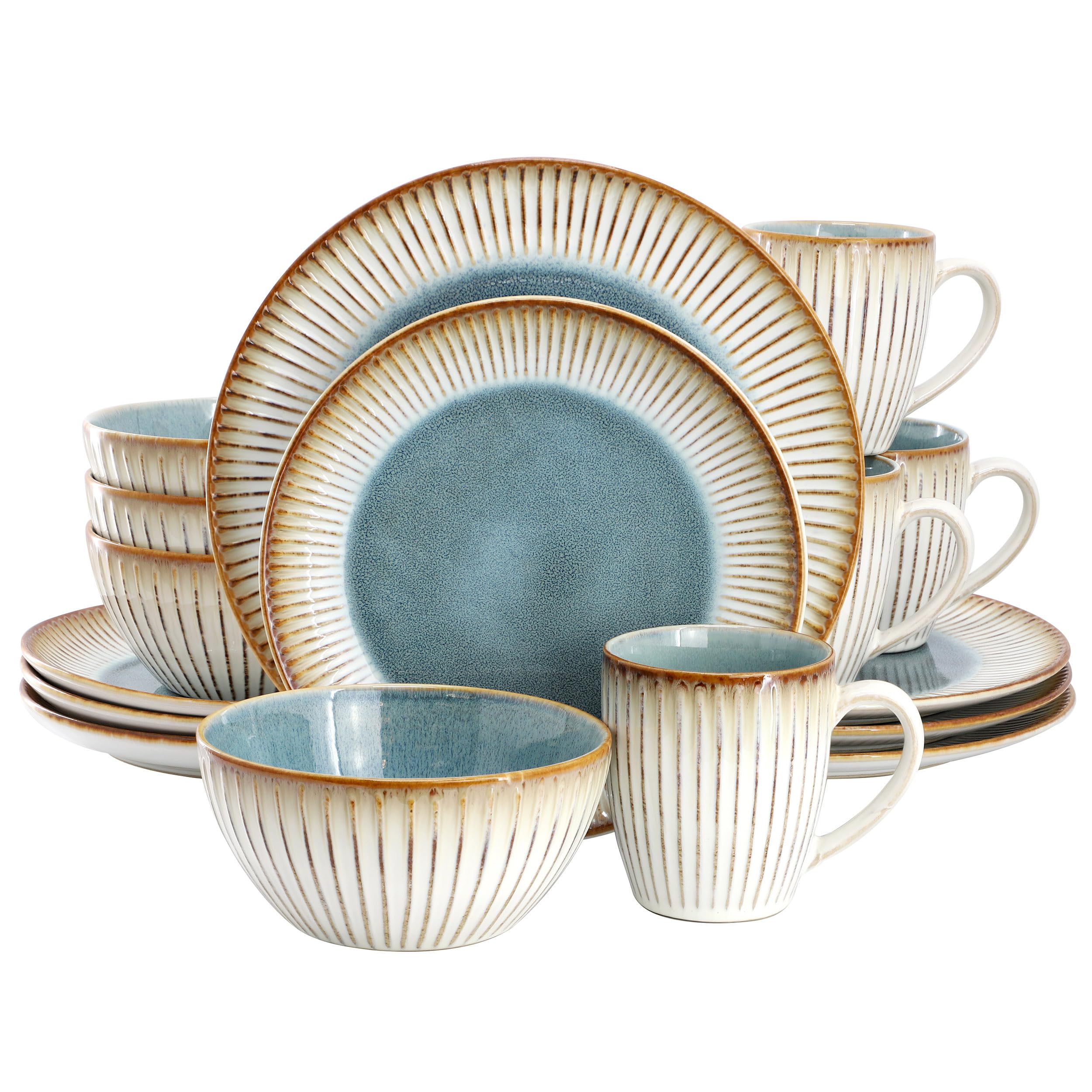 Elama 16 Piece Stonewre Dinnerware/Tableware Set, Service for 4, Textured Design, Color Rim Place Settings (Louann)