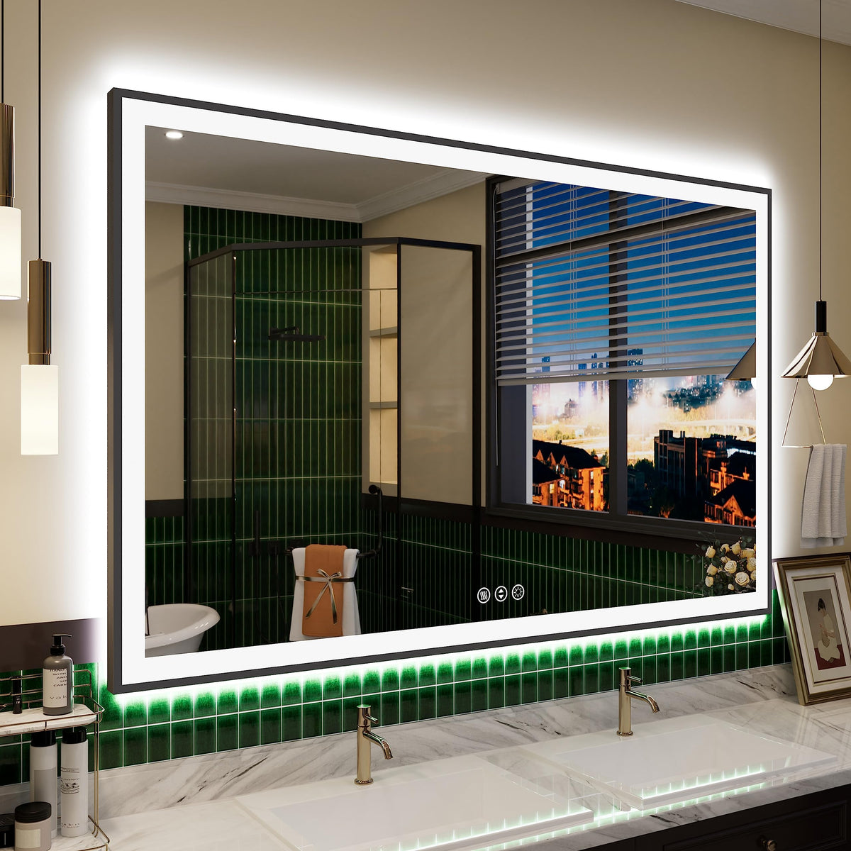 Yamazakura Large Light Bathroom Mirror 55X36 Backlit And Front Lighted Led Wall-Mounted Vanity Mirror Modern Rectangle Black Mir