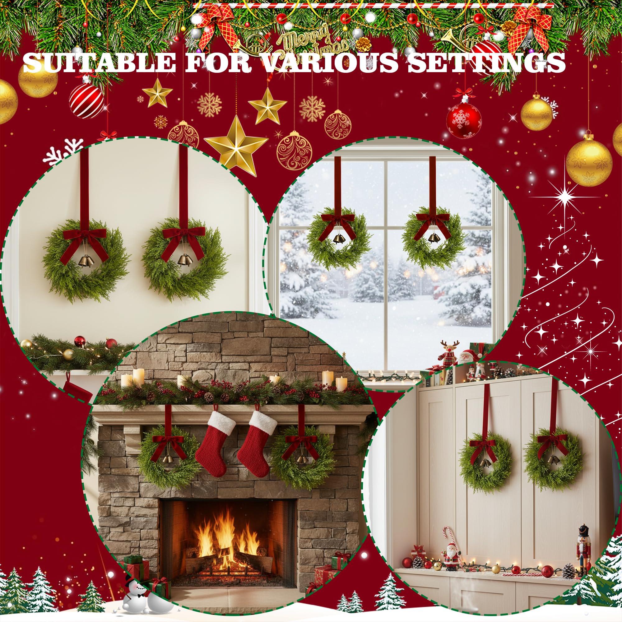 6Pcs Mini Christmas Wreath, 12 Inch Small Wreaths for Kitchen Cabinets, with Deep Red Bow Vintage Bells Pine and Cypress Leaves