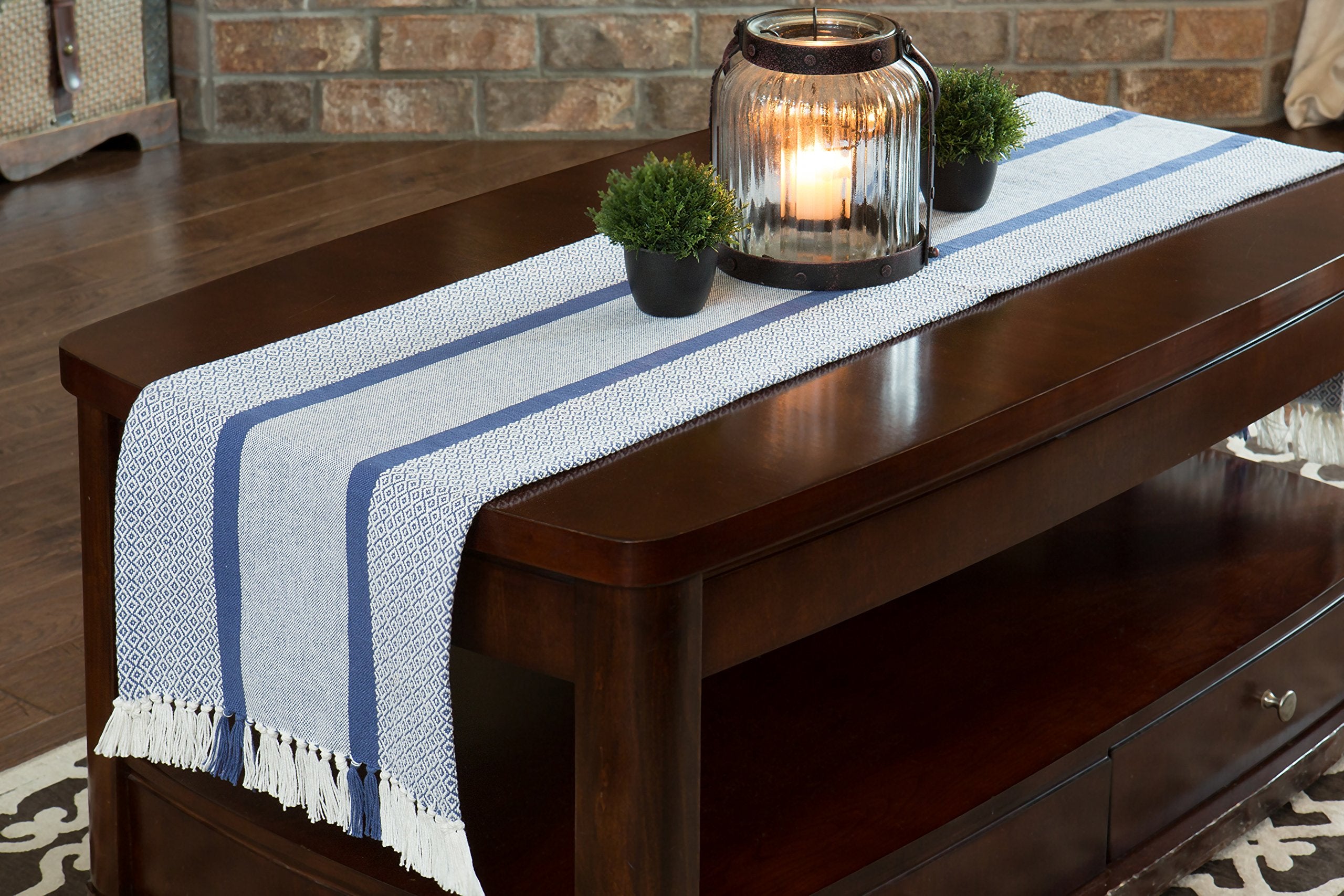 Table Runner Cotton Farmhouse Boho 14x72 in  Table D?cor for Kitchen or Dining  Blue Cloth Woven Striped Table Runners
