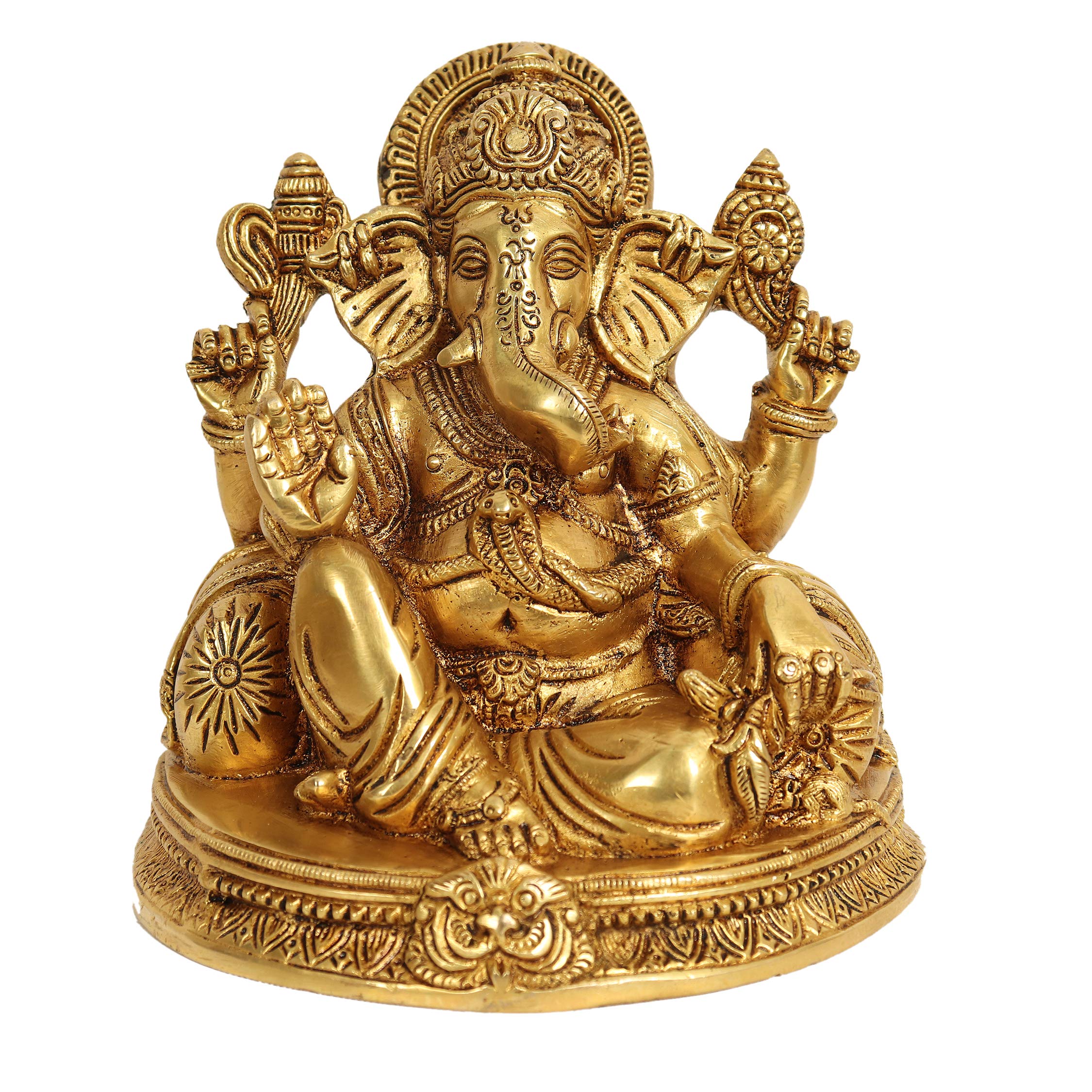 Racpree Brass Ganesha Idol For Home Decor, Ganpati Figurine Luck & Success Diwali Gifts, Statue - Yellow, Size-6 Inches, Wt - 22