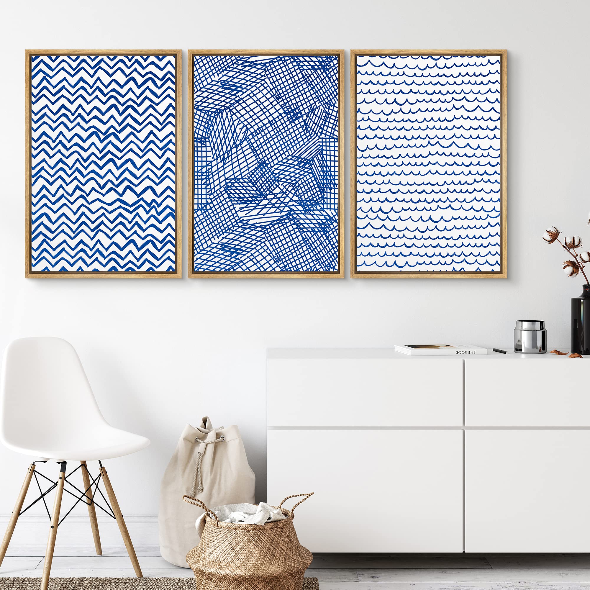 Signwin Framed Canvas Print Wall Art Blue And White Strokes In Ordered Lines Decorative Patterns Illustrations Abstract For Livi