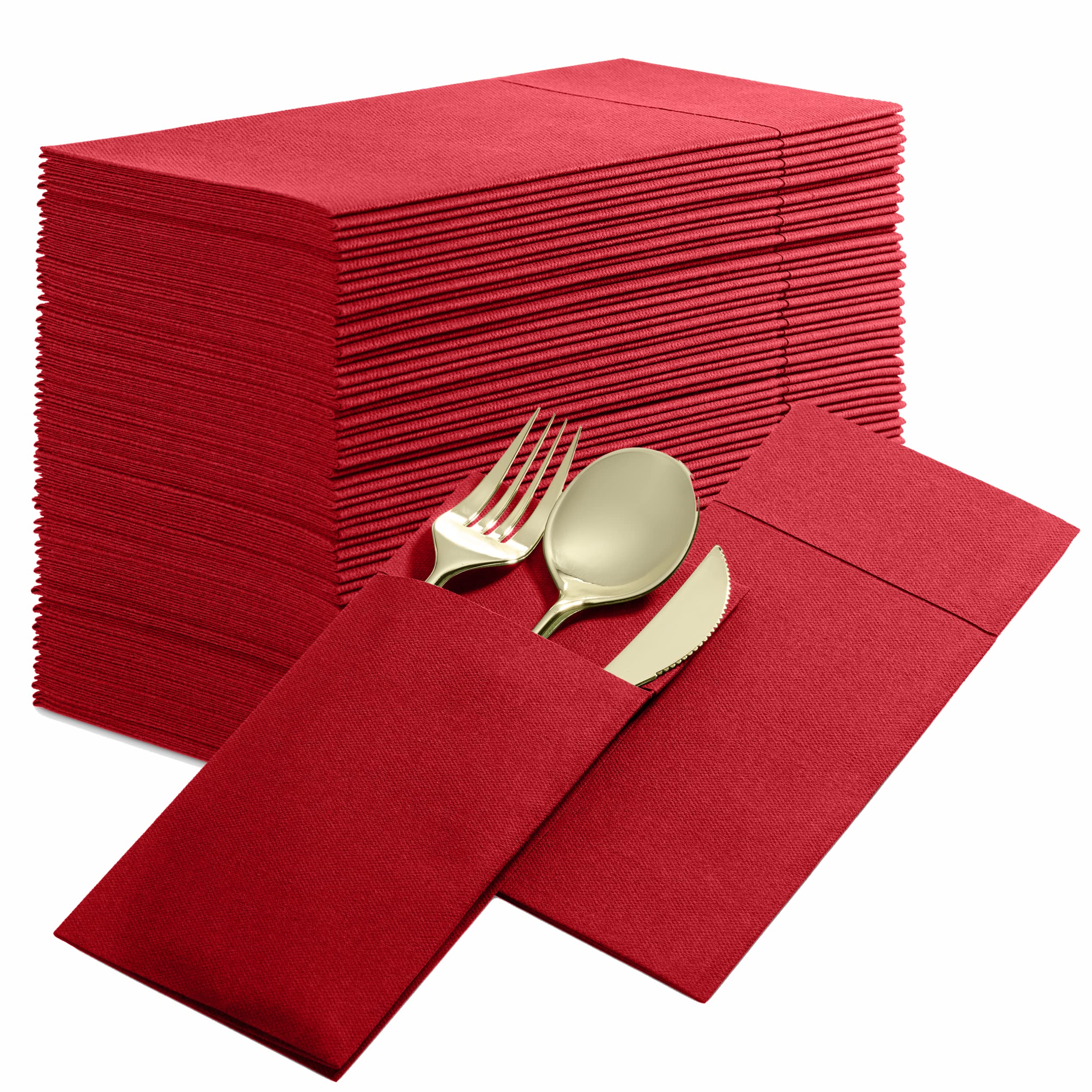 Disposable Linen-Feel Dinner Napkins With Built-In Flatware Pocket, 50-Pack Bright Red Prefolded Cloth Like Paper Napkins For Di