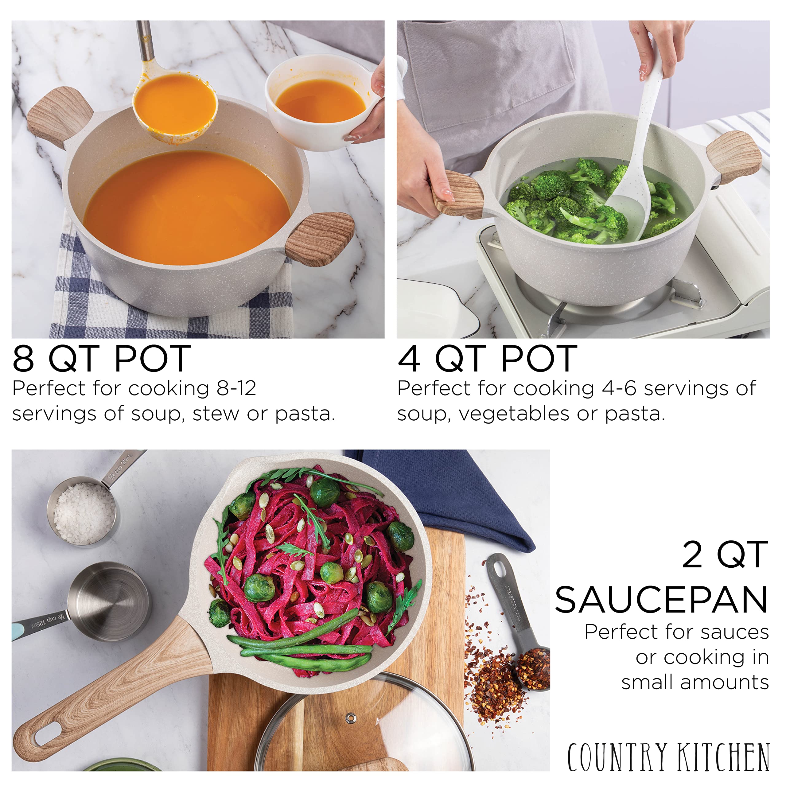 Country Kitchen Non-Stick Cookware Set, 8 Pc. Speckled Cream, Durable Aluminum Kitchenware for Everyday Cooking