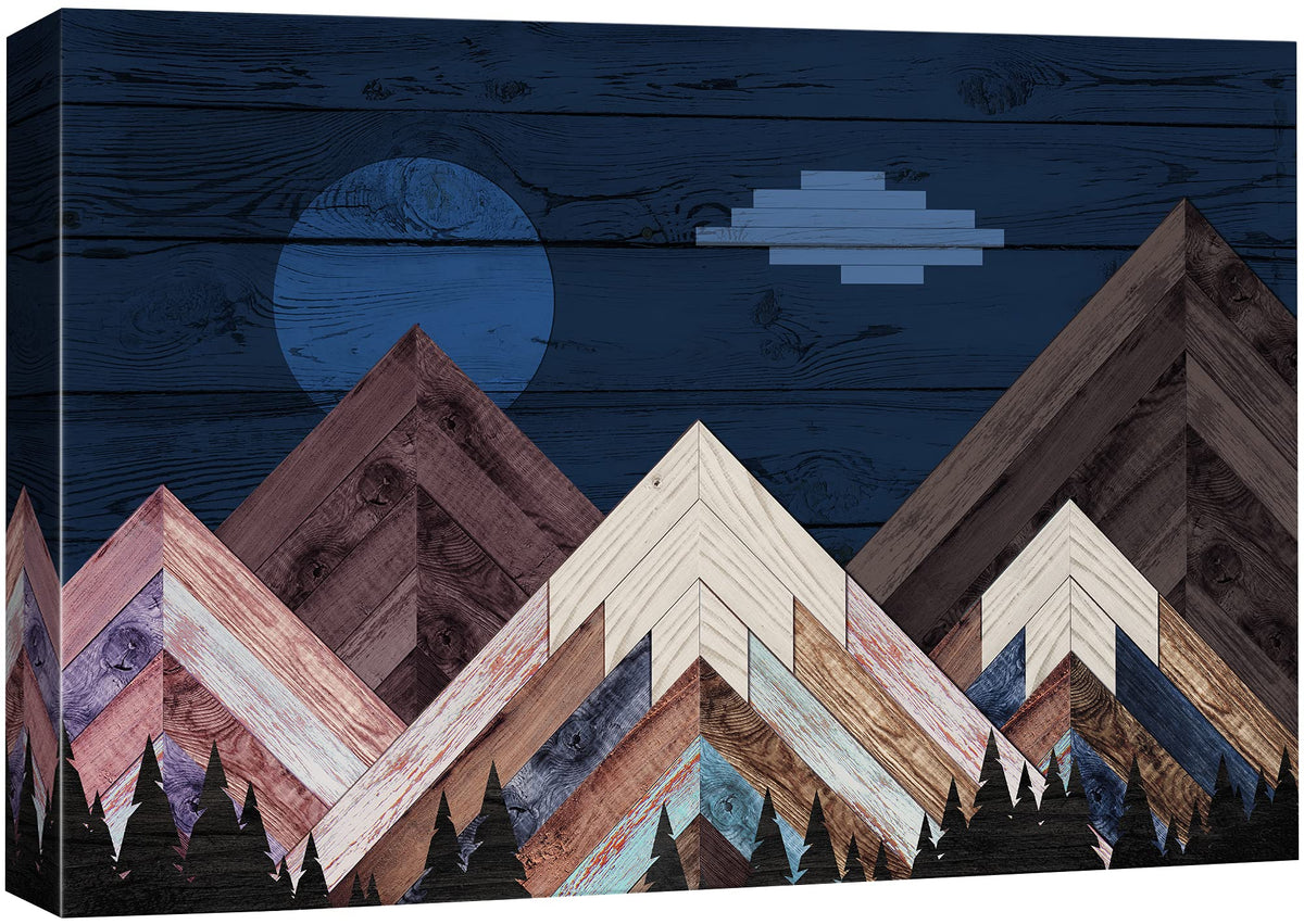 Signford Canvas Print Wall Art Western Decor Woodblock Night Mountain Range Nature Wilderness Wood Panels Modern Art Contemporar