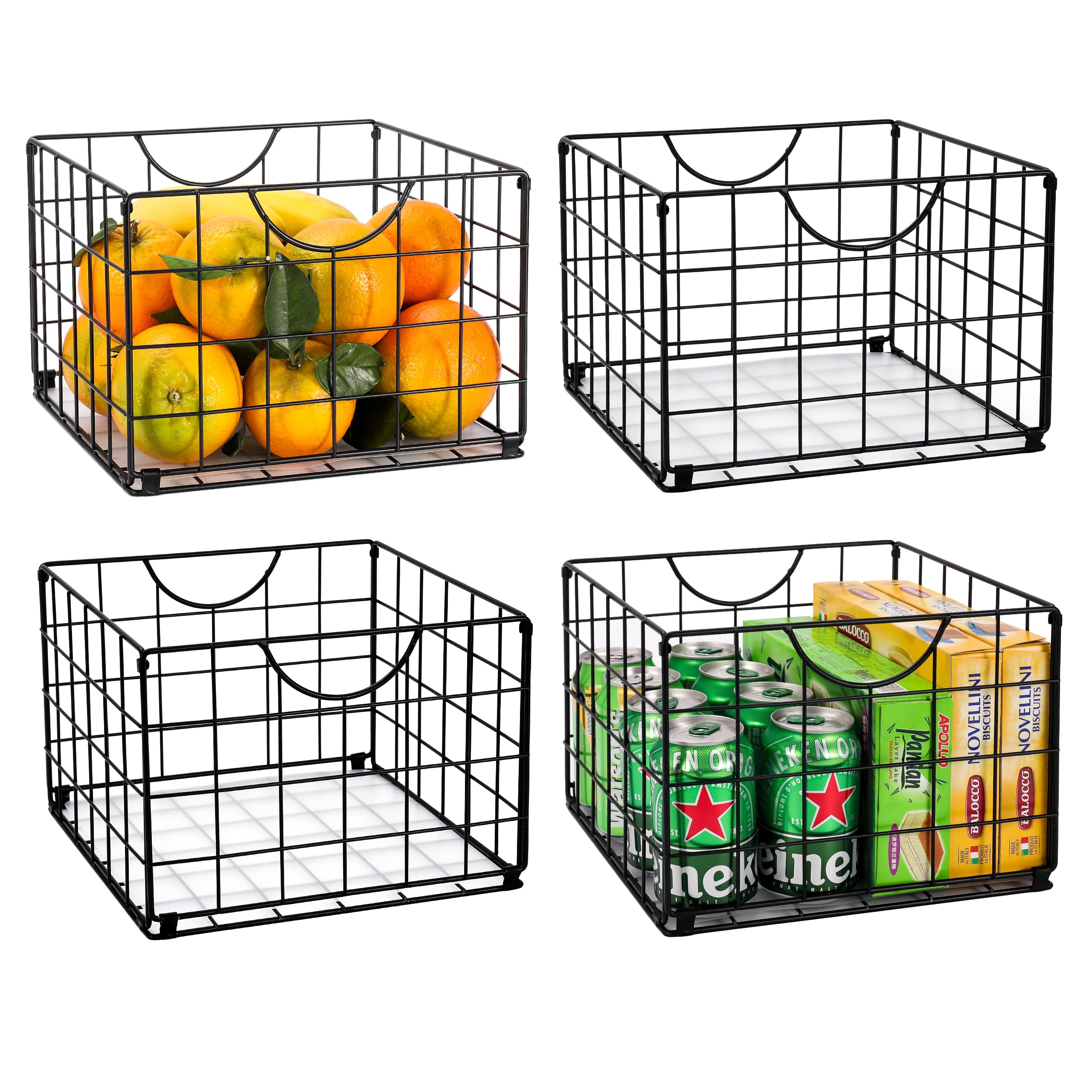DINGTAI Metal Wire Basket Foldable Set of 4, Metal Bins for Organizing with PVC Sheet, 10.5x10.5in Wire Pantry Baskets Freezer O
