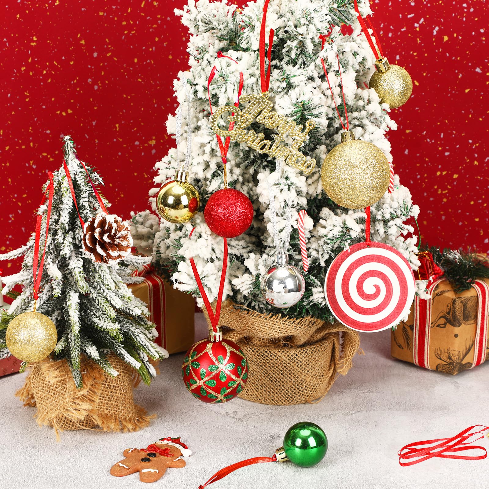 JUNEBRUSHS 300Pcs Christmas Ornament Hangers, Hand Tied String Ties Ornament Loops Thin Red Ribbon for Ornaments Christmas Tree