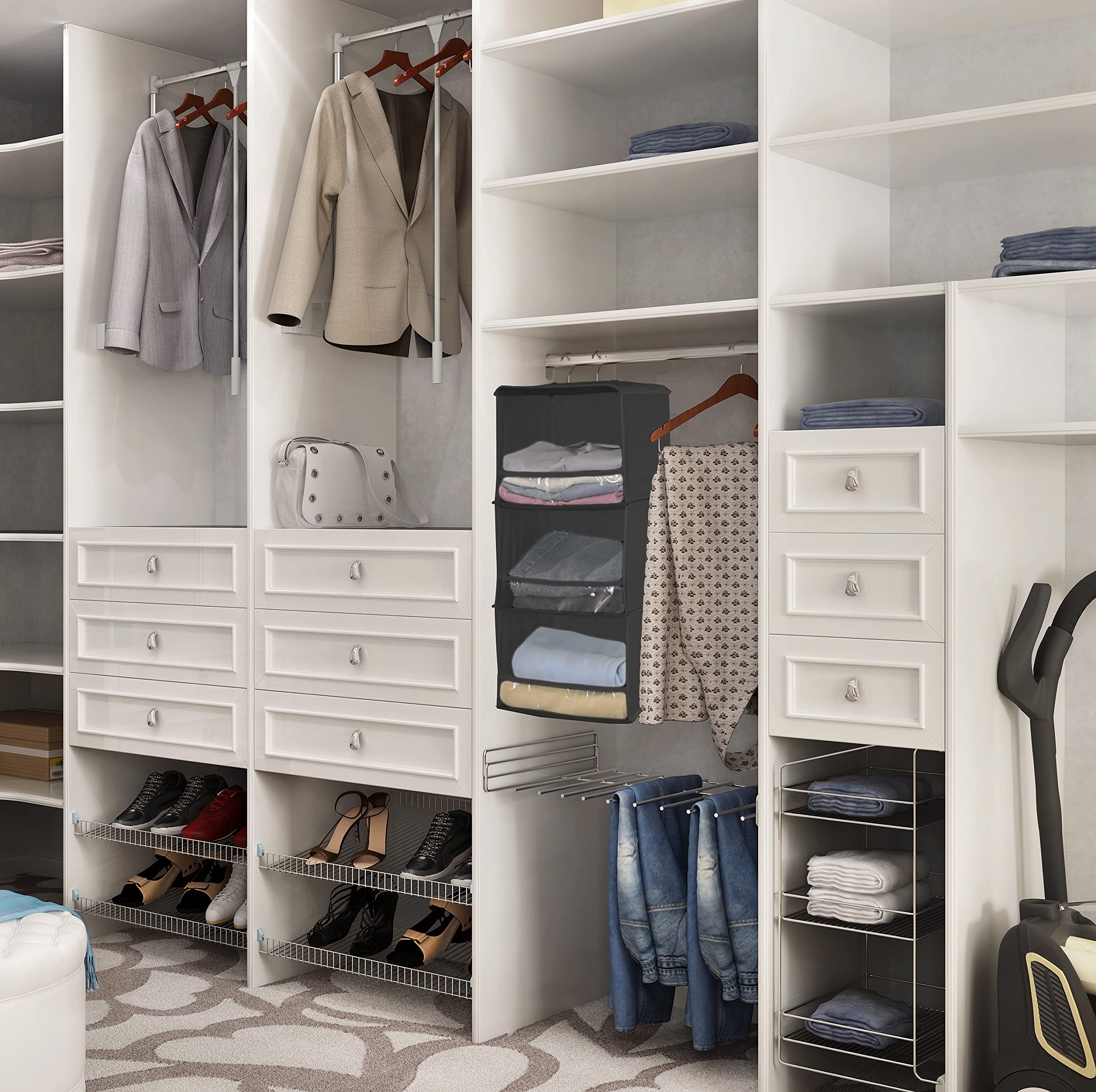 Simple Houseware 3 Shelves Hanging Closet Organizer With Front Stopper, Dark Grey