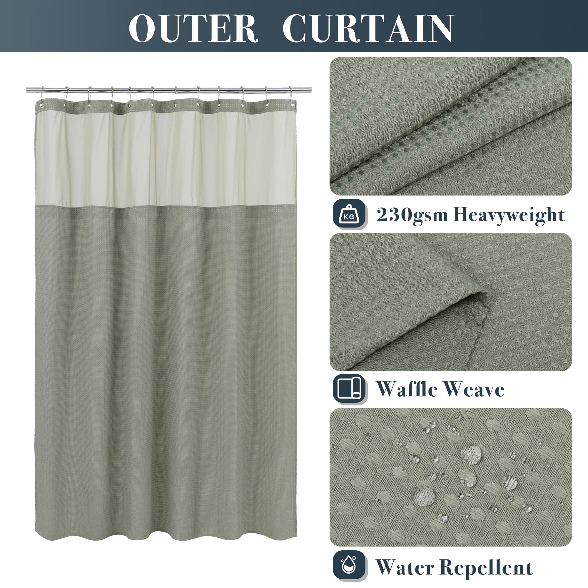 N&Y Home Extra Long Waffle Weave Shower Curtain With Snap-In Fabric Liner & Hooks Set - 71'' X 84'', Hotel Style & Mesh Top Wind