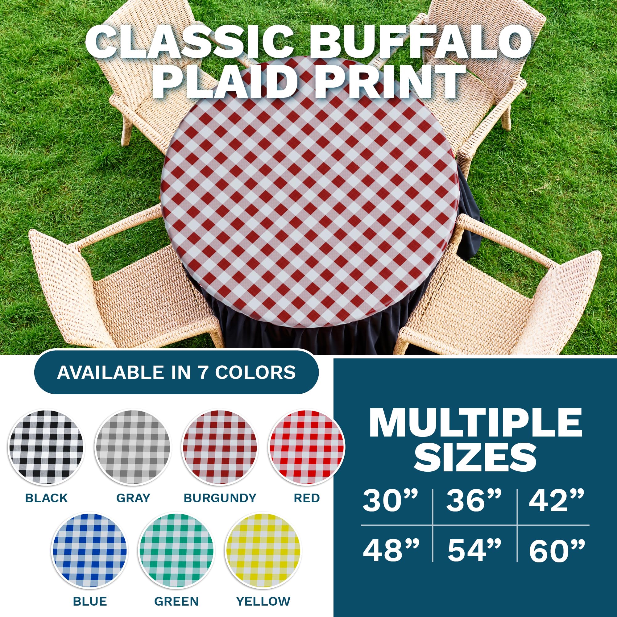 Sorfey Tablecloth -Fitted With Elastic, Vinyl With Flannel Back, Fits For Table 36 Inches Round ,Water Proof, Easy To Clean, Che