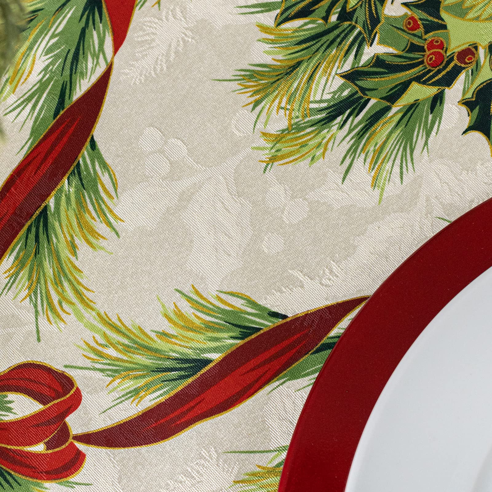 Benson Mills Christmas Ribbons Engineered Printed Fabric Table Cloth, Winter, Holiday And Christmas Tablecloth (52'' X 70'' Rect