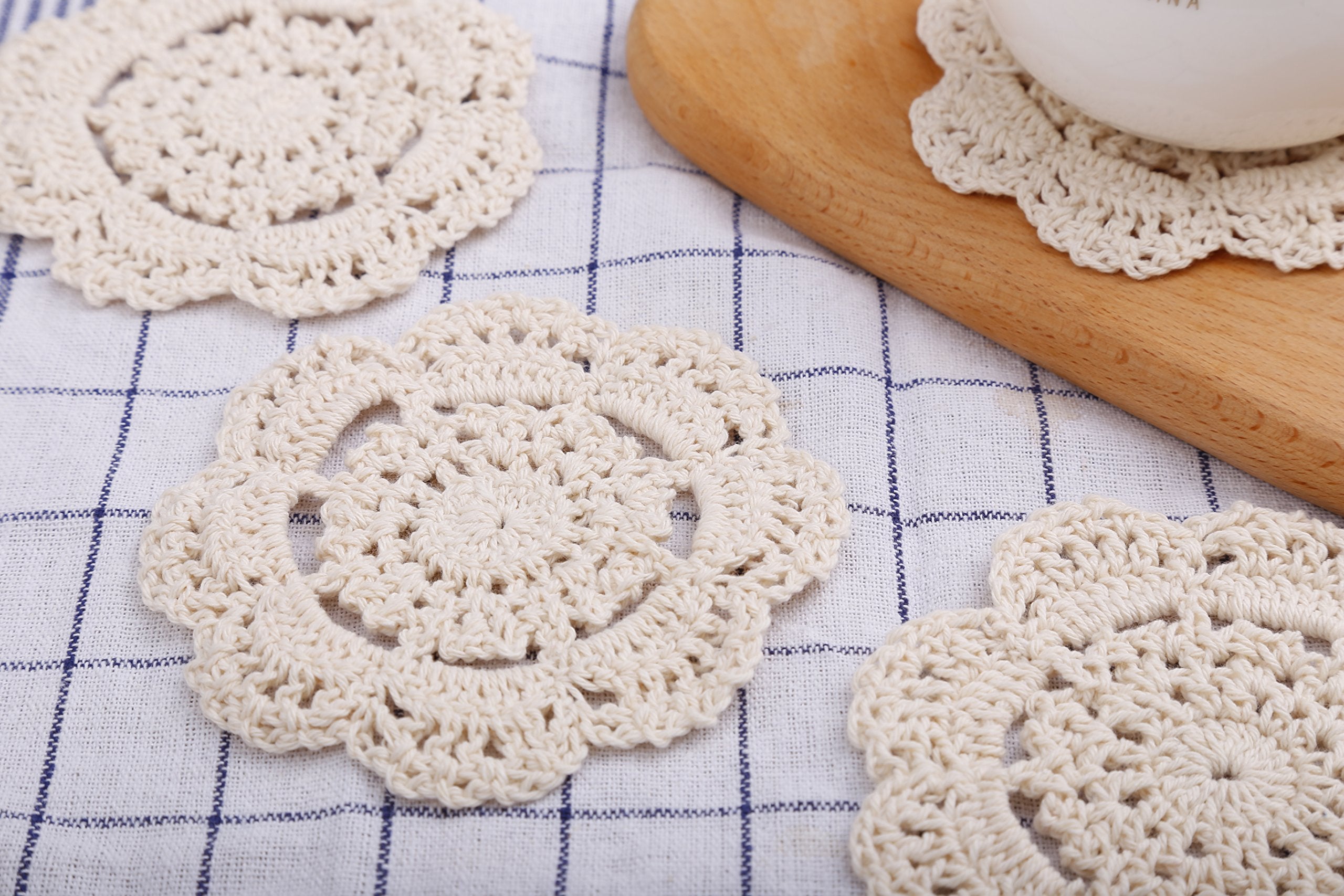Phantomon Doilies Crochet Cotton Lace Round Handmade Coasters Small Doilies Cloth 4 Inch, Pack Of 4 (Beige)