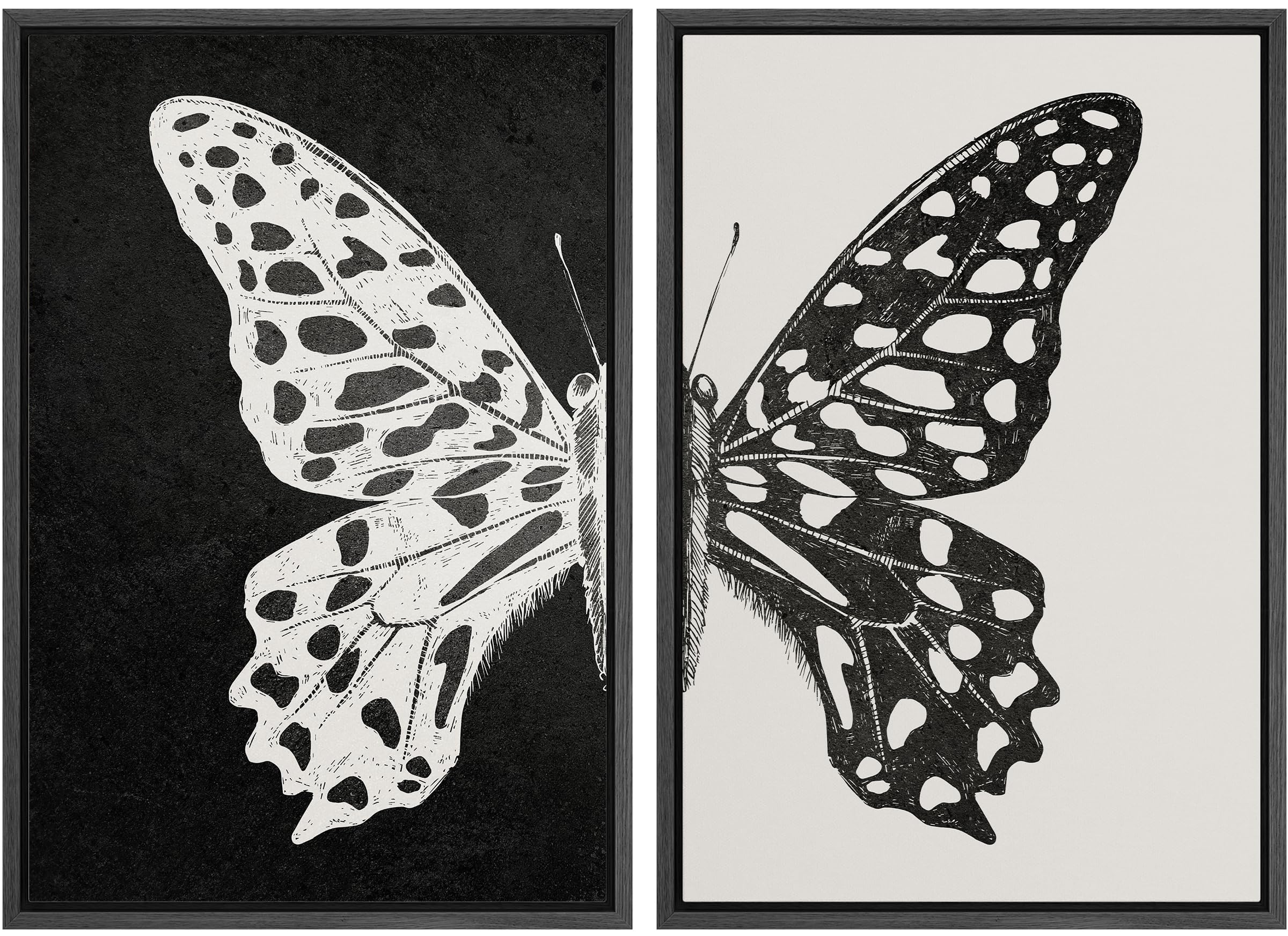 Mudecor Framed Canvas Wall Art Black And White Butterfly Prints Minimalist Modern Art Boho Wall Decor For Bedroom - 16''X24''X2