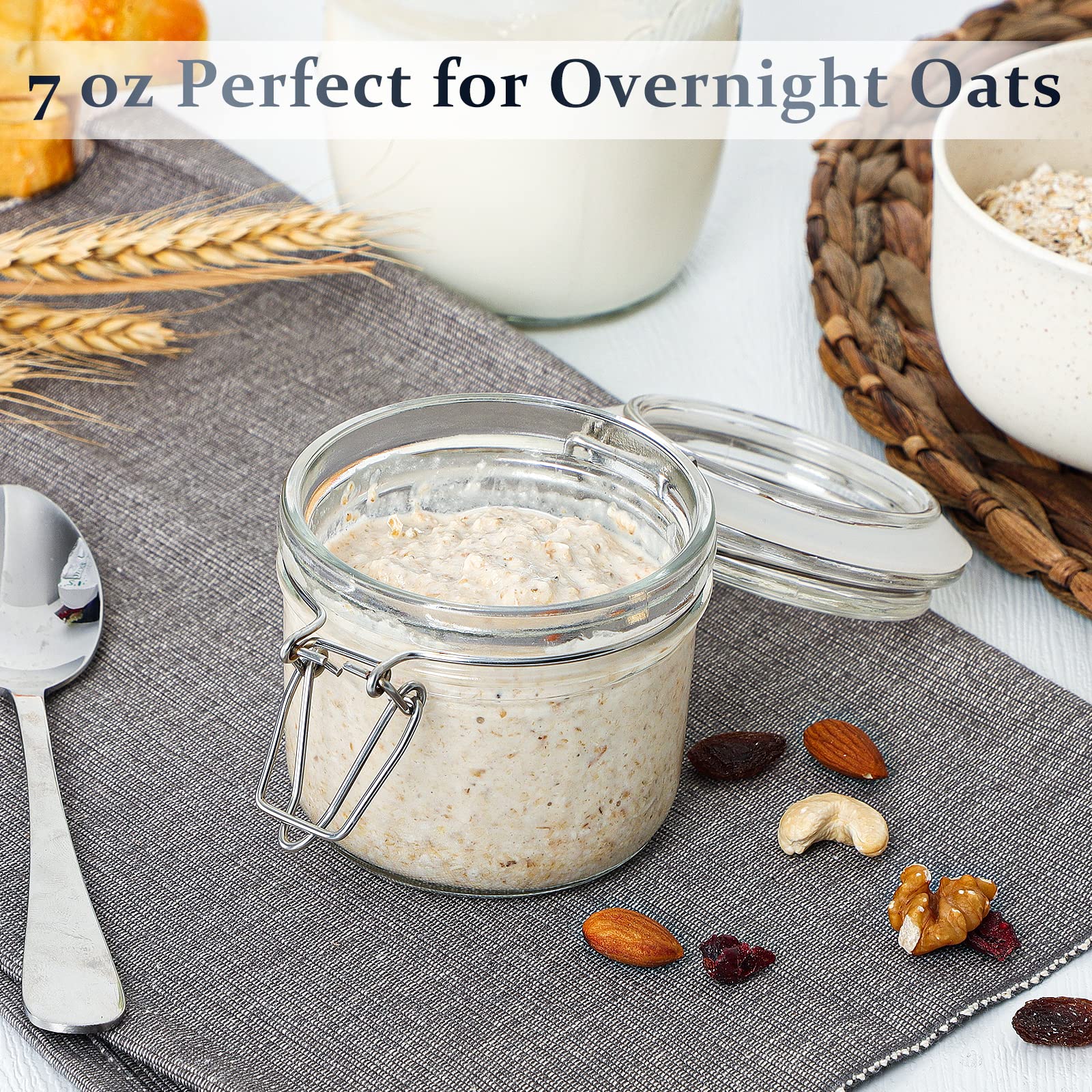 Folinstall 7 Oz Glass Jars With Airtight Lids 12 Pcs, Small Mason Jars With Hinged Lids For Kitchen Storage, Canning And Pantry,