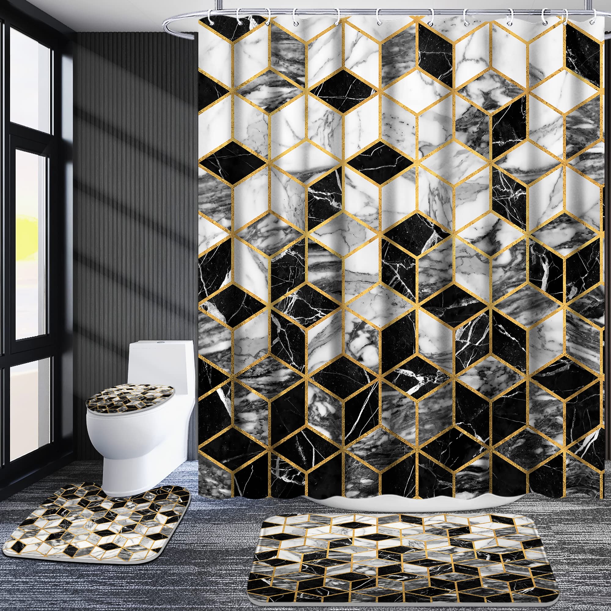 Poedist 4 Pcs Bathroom Shower Curtain Set  Honeycomb Marble Bathroom Sets with Rugs(Bath Mat U Shape and Toilet Lid Cover Mat) and 12 Durable Hooks