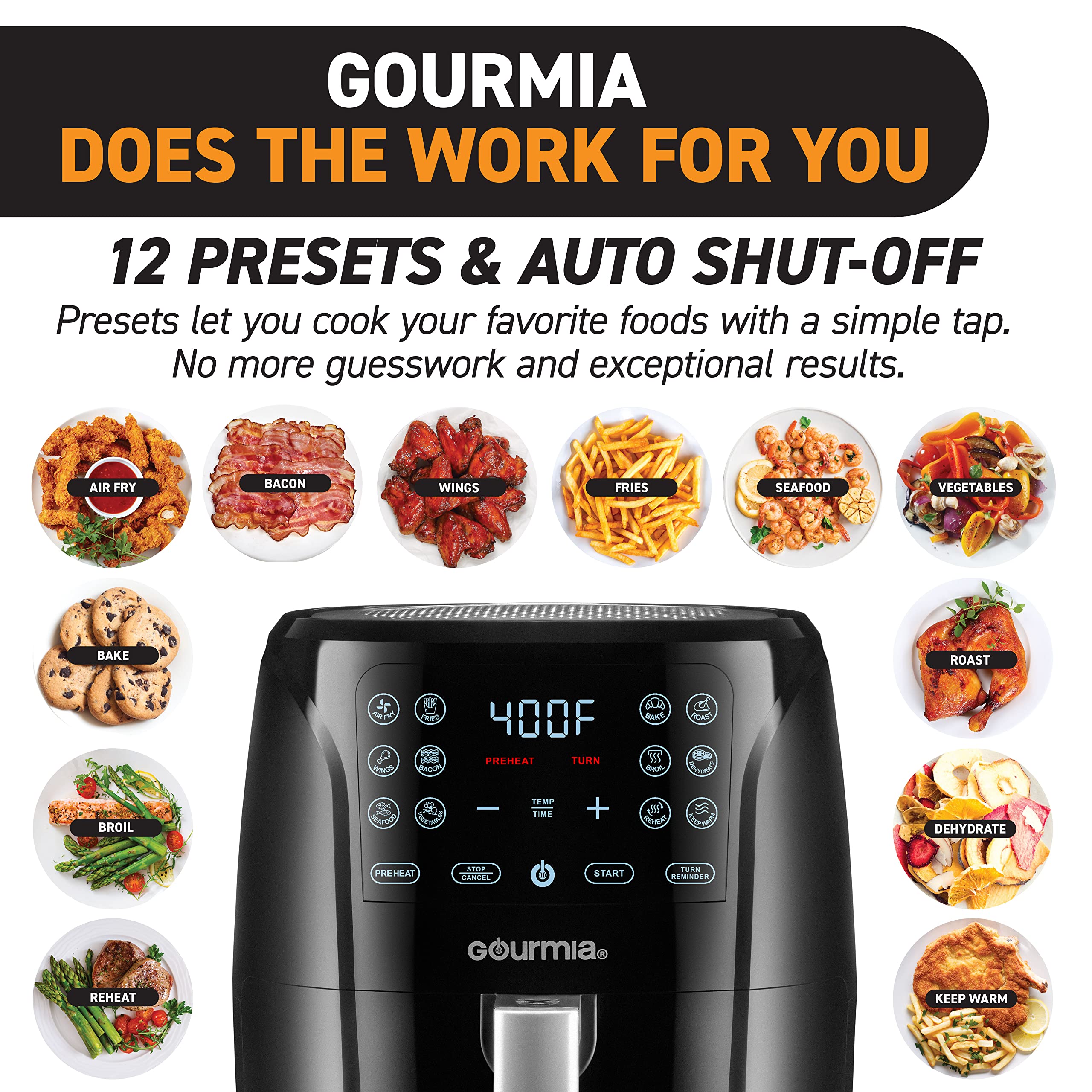 Gourmia Air Fryer Oven GAF686 - 6 Qt. Digital Display, 1500W, Black & Stainless Steel, 12 Cooking Presets