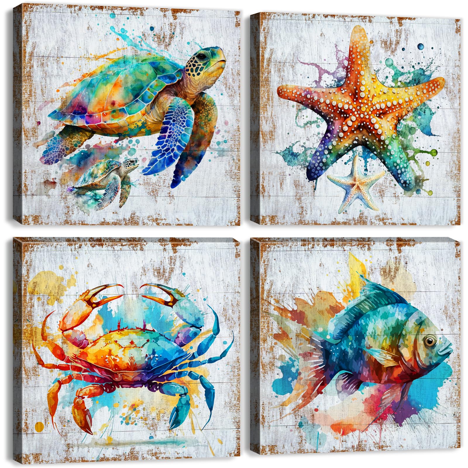 Sea Turtle Bathroom Wall Art Beach Decor Watercolor Fish Crab Starfish Canvas Prints Colorful Sea Animals Coastal Paintings Ocea