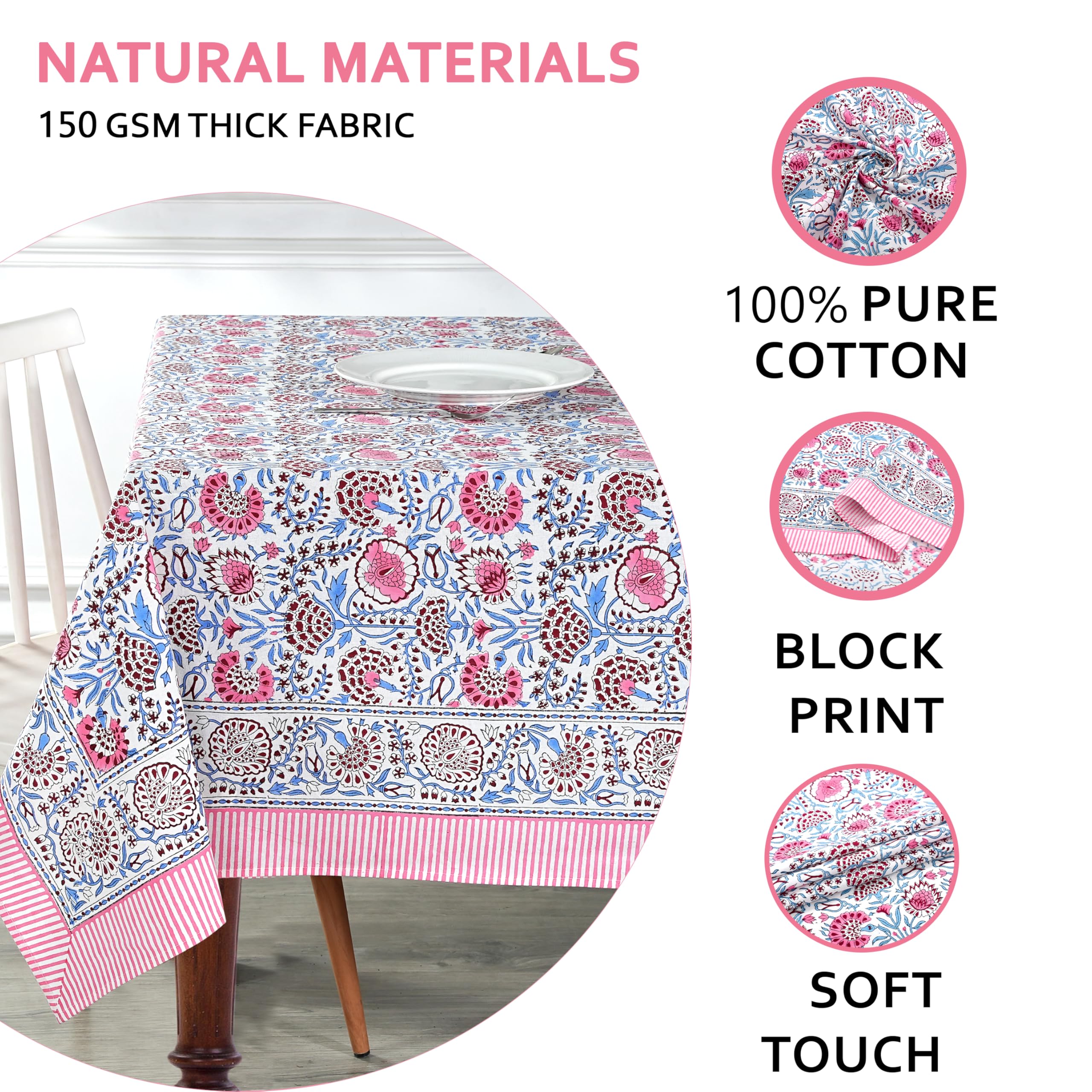 Ridhi Pigeon Blue Hand Block Print Cotton Rectangle Tablecloth 90 x 60 inch-Reusable Table Cover Decorative Everyday Use for Din