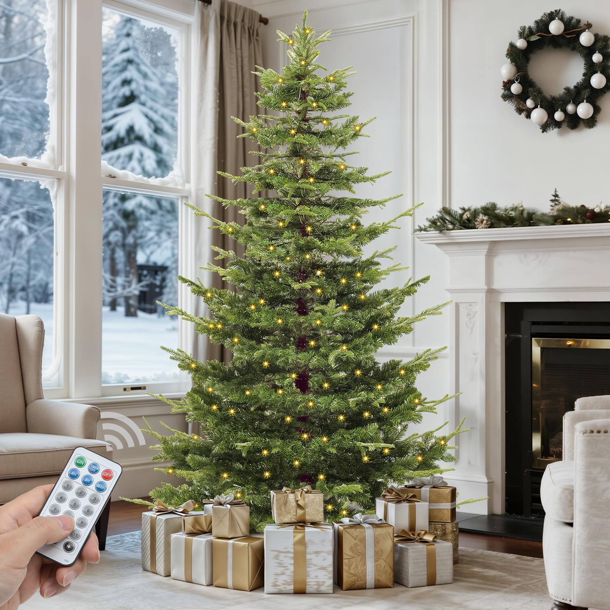 GOOBED Prelit Aspen Fir Realistic Christmas Tree 6.5ft with Remote Control, Pre-lit Hinged Xmas Tree with Glittering Diamond Tip