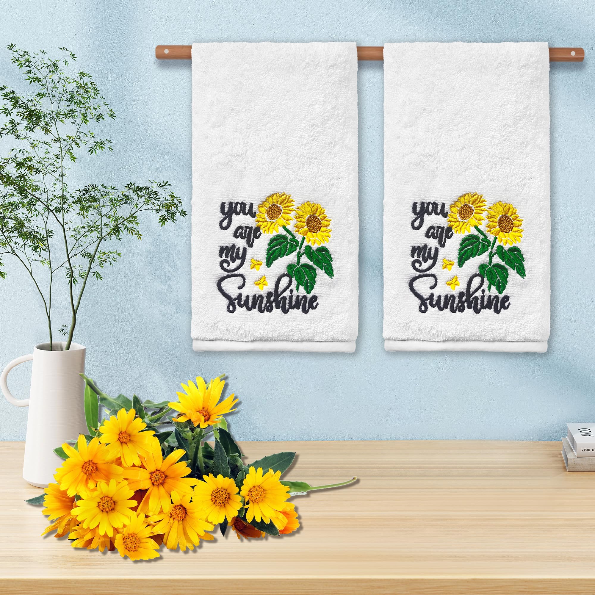 Sunflower Hand Towels For Bathroom Set Of 2, Sunflower Bathroom Decor Embroidered Sunflower You Are My Sunshine Pattern, Sunflow
