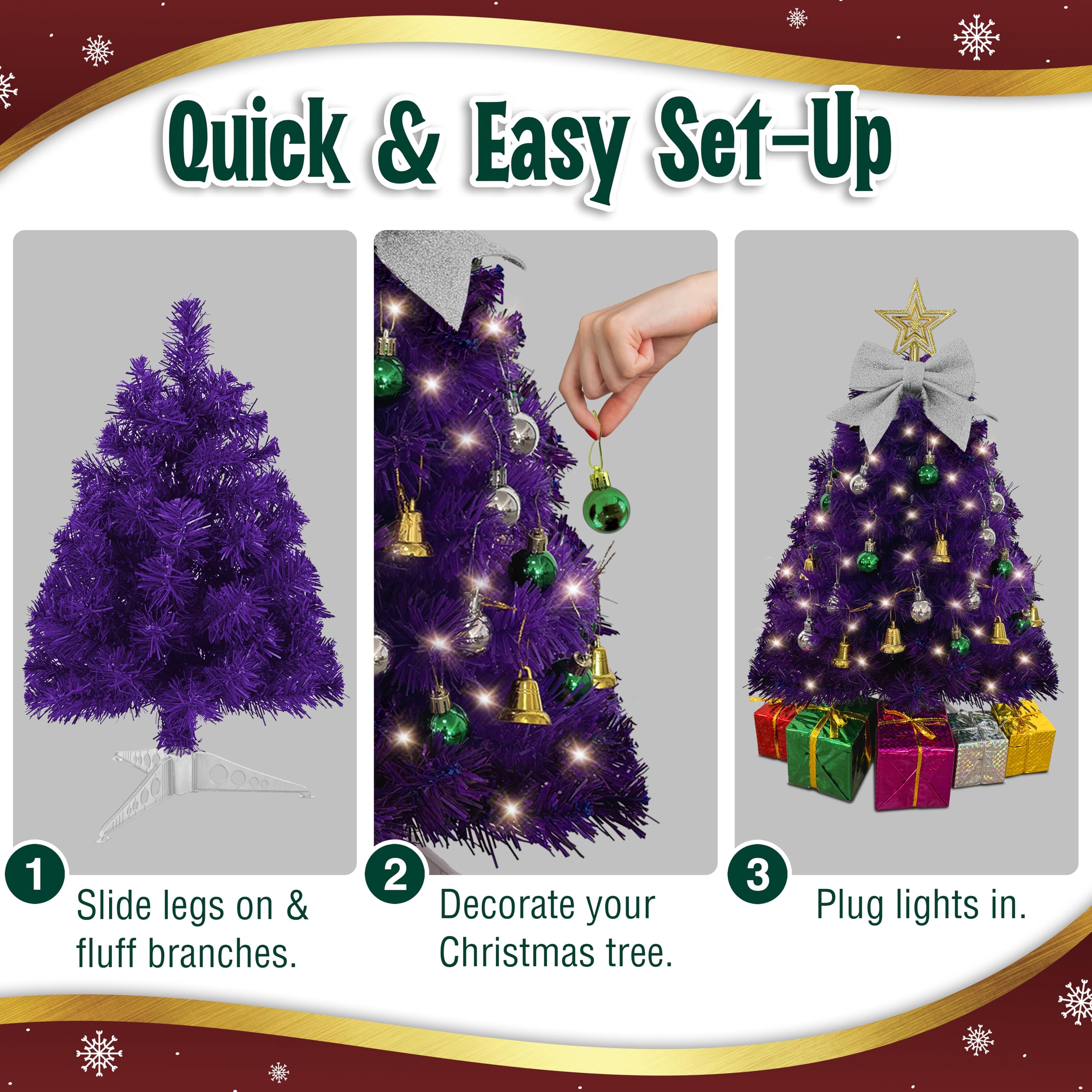 Small Purple Christmas Tree with Lights - 23 Inch Mini Tabletop Christmas Tree with Warm-White LED Lights, Hanging Ornaments, De