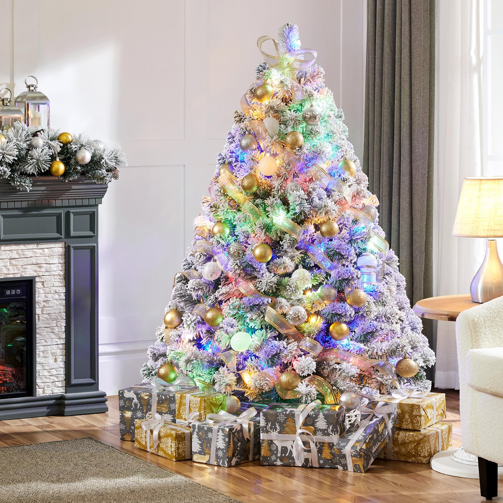 Yaheetech 4.5ft Pre-lit Spruce Artificial Christmas Tree Snow Flocked Hinges Tree with 100 Multicolor LED Lights & 340 Branch Ti