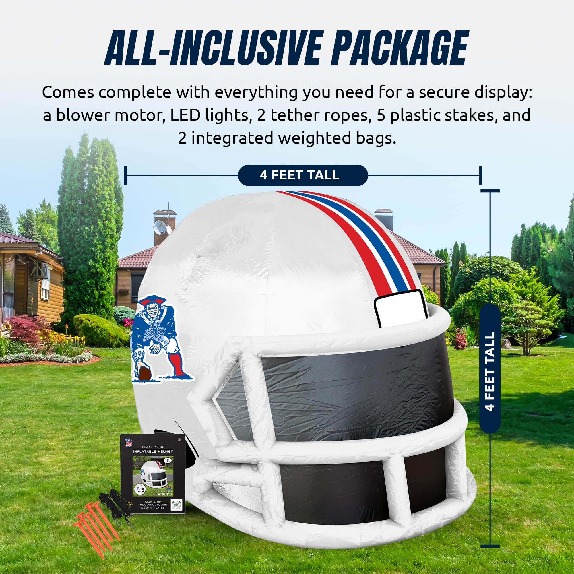 Sporticulture NFL New England Patriots 4ft Inflatable Retro Helmet with LED Lights & Built-in Blower - Merchandise Decor Ideal f