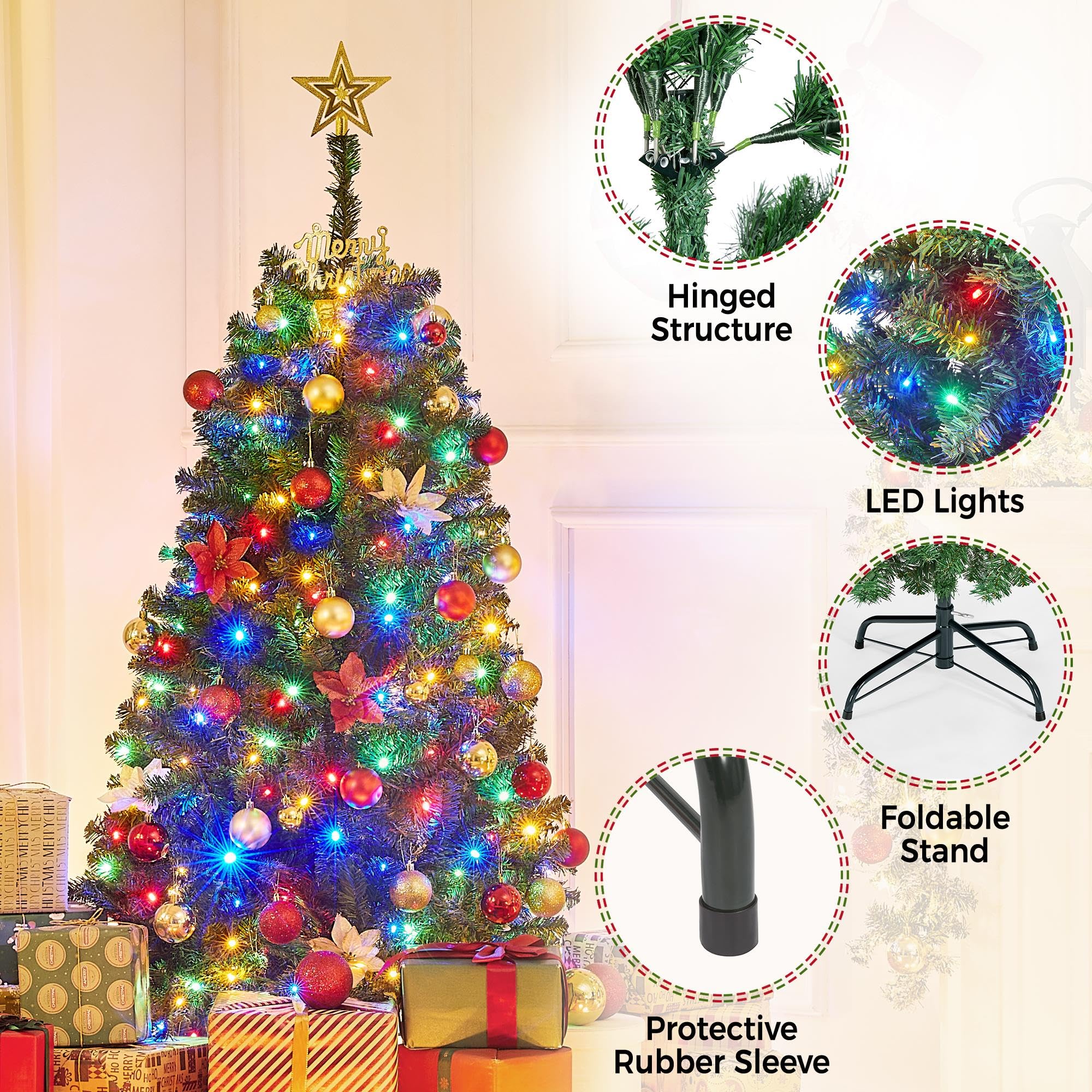 Yaheetech 4.5ft Pre-lit Spruce Artificial Christmas Tree Hinges Tree with 150 Multicolor LED Lights & 324 Branch Tips & Metal St
