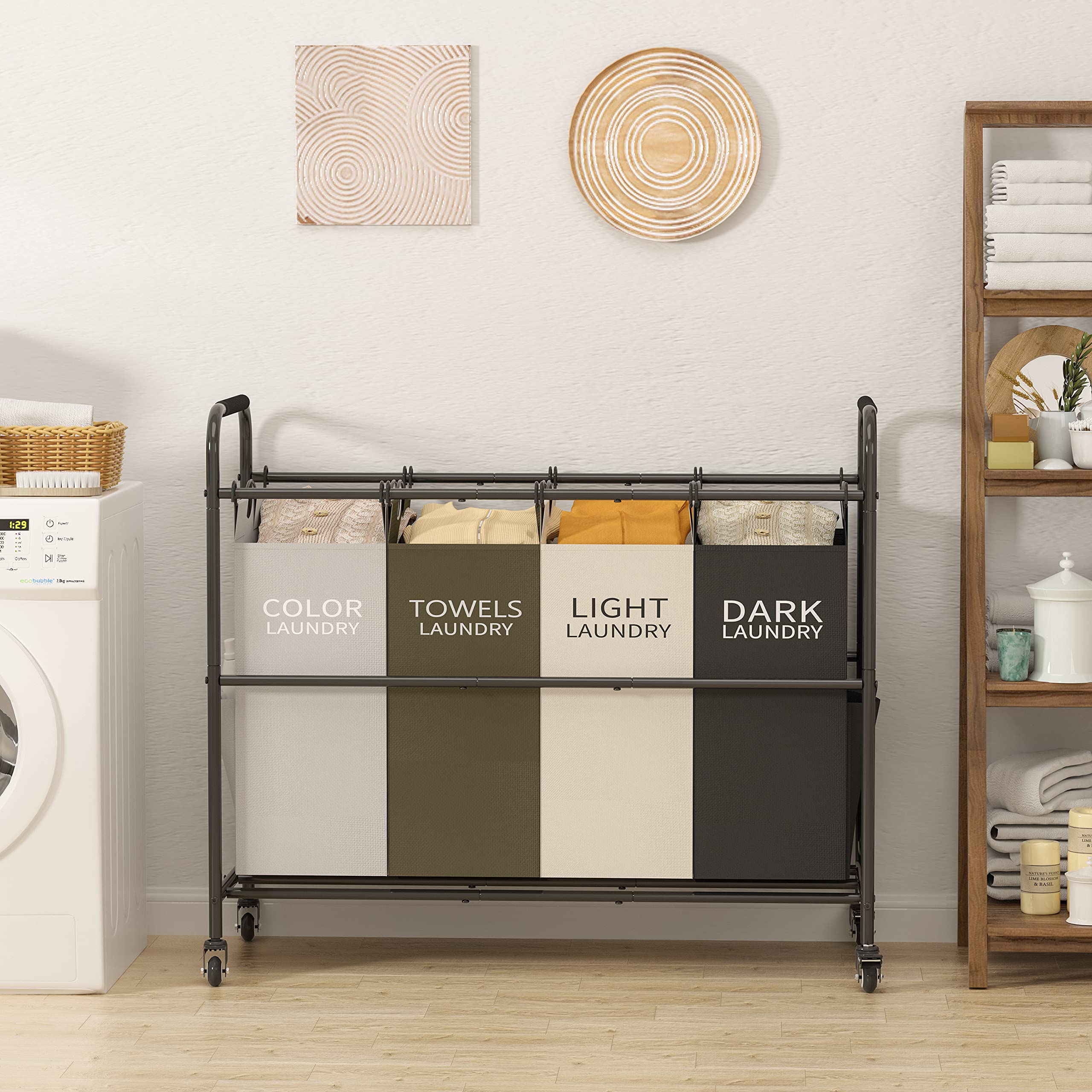 Tajsoon 4 Bag Laundry Sorter Cart  Laundry Hamper Sorter Basket with Heavy Duty Lockable Rolling Wheels for Clothes Storage  4 Colors