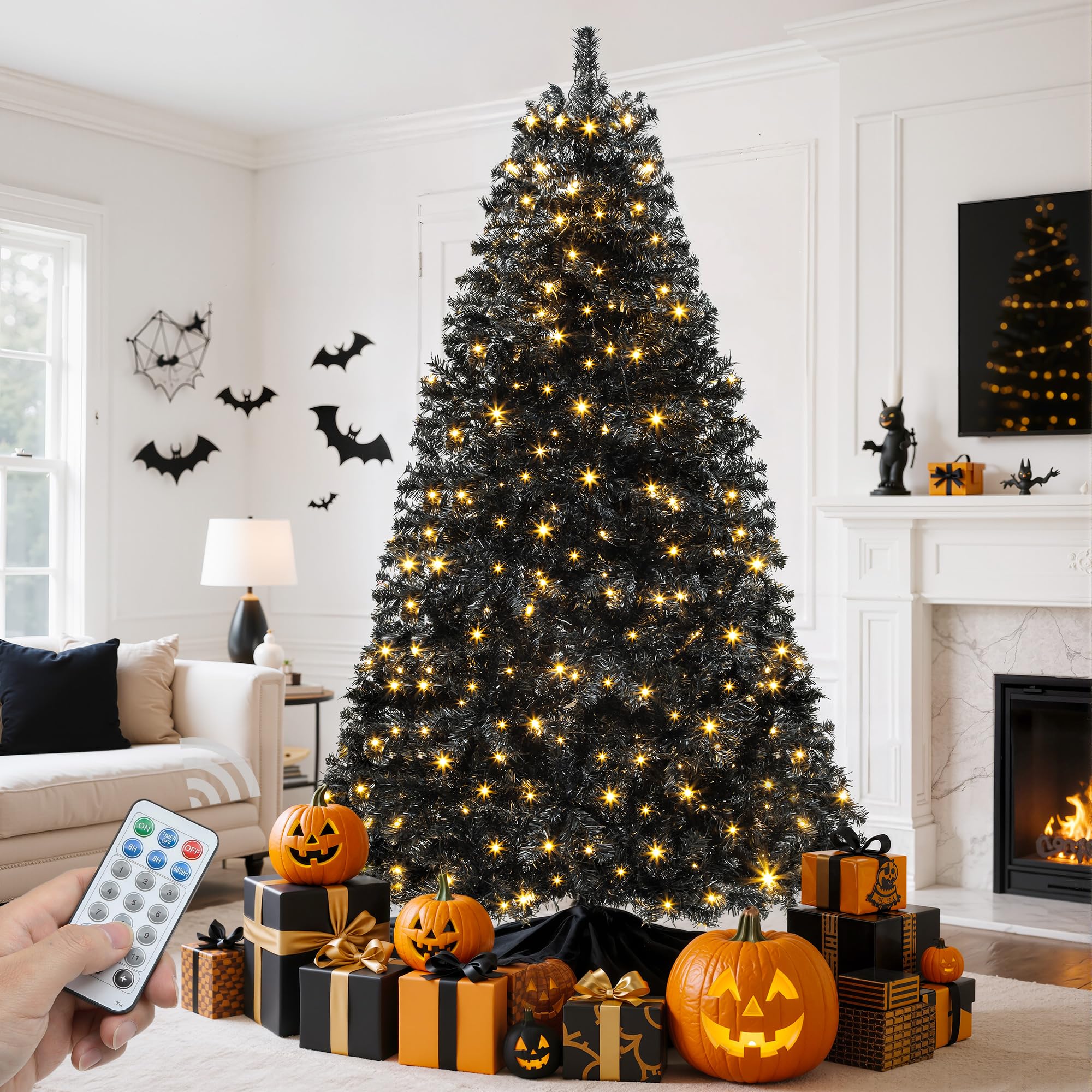 GOOBED Prelit Flocked Christmas Tree 6FT w/Remote, Prelit Snow Flocked Artificial Xmas Tree w/ 1000 Branch Tips & 250 Lights, Fo