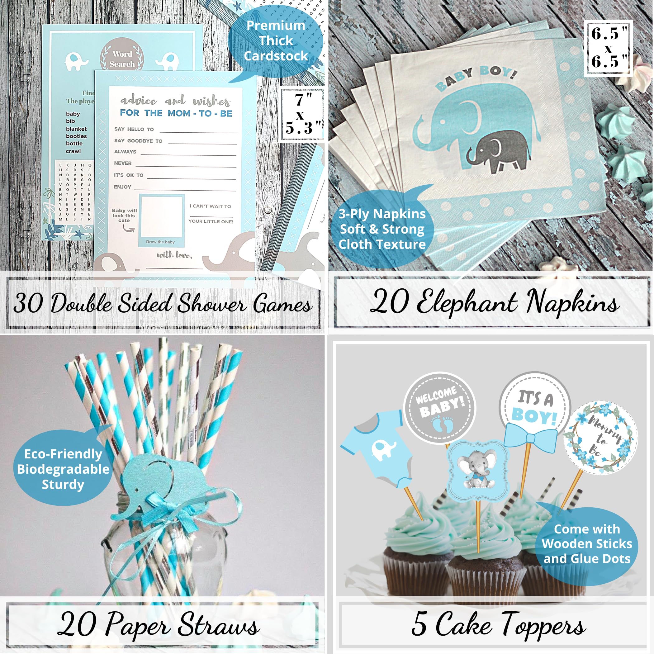 697 Pcs Premium Elephant Baby Shower Decorations For Boy Set It'S A Boy Banner, Napkins, Straws, Paper Decorations, Cake Toppers