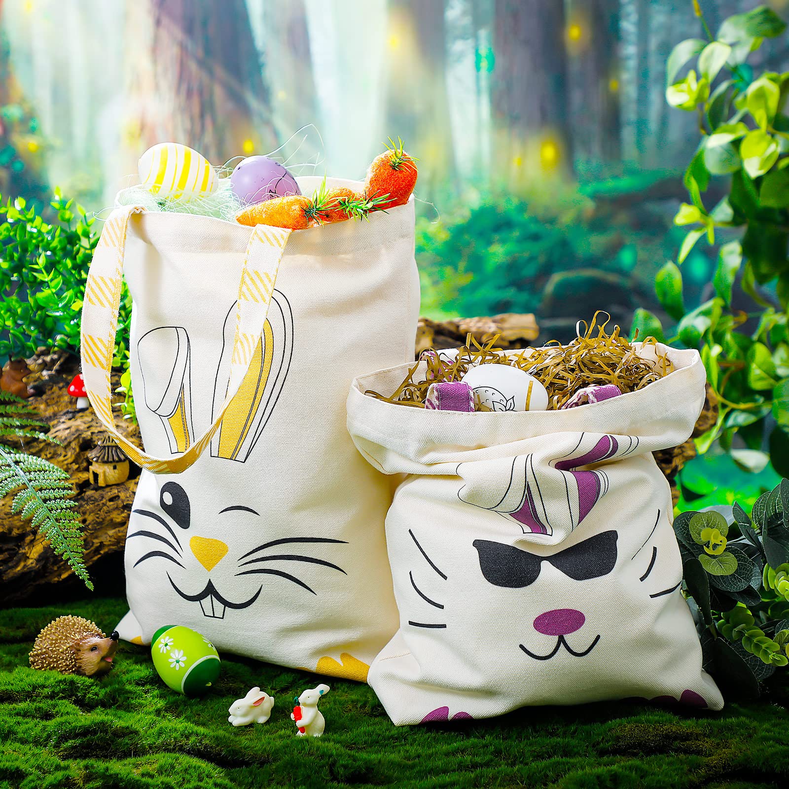 Weewooday 2 Pcs Easter Tote Bags For Kids Easter Canvas Gift Bags Bunny Ears Basket Bags For Boy Girl(Purple, Yellow)